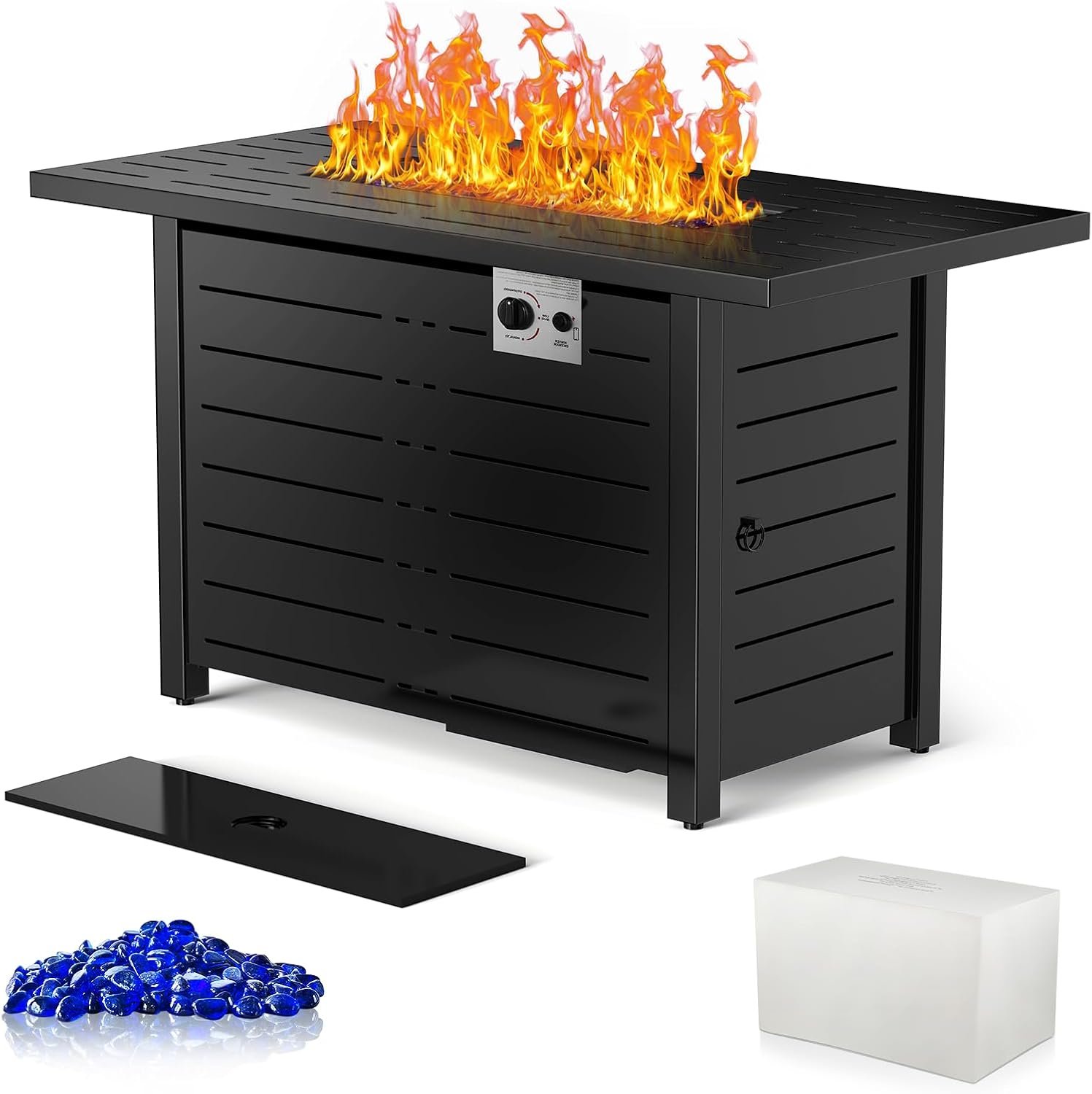 Xbeauty Fire Pit Propane Gas FirePit Table 43″ Outdoor Fire Pit Rectangular Tabletop with Lid, Rain Cover, for Outside Garden Backyard Deck Patio