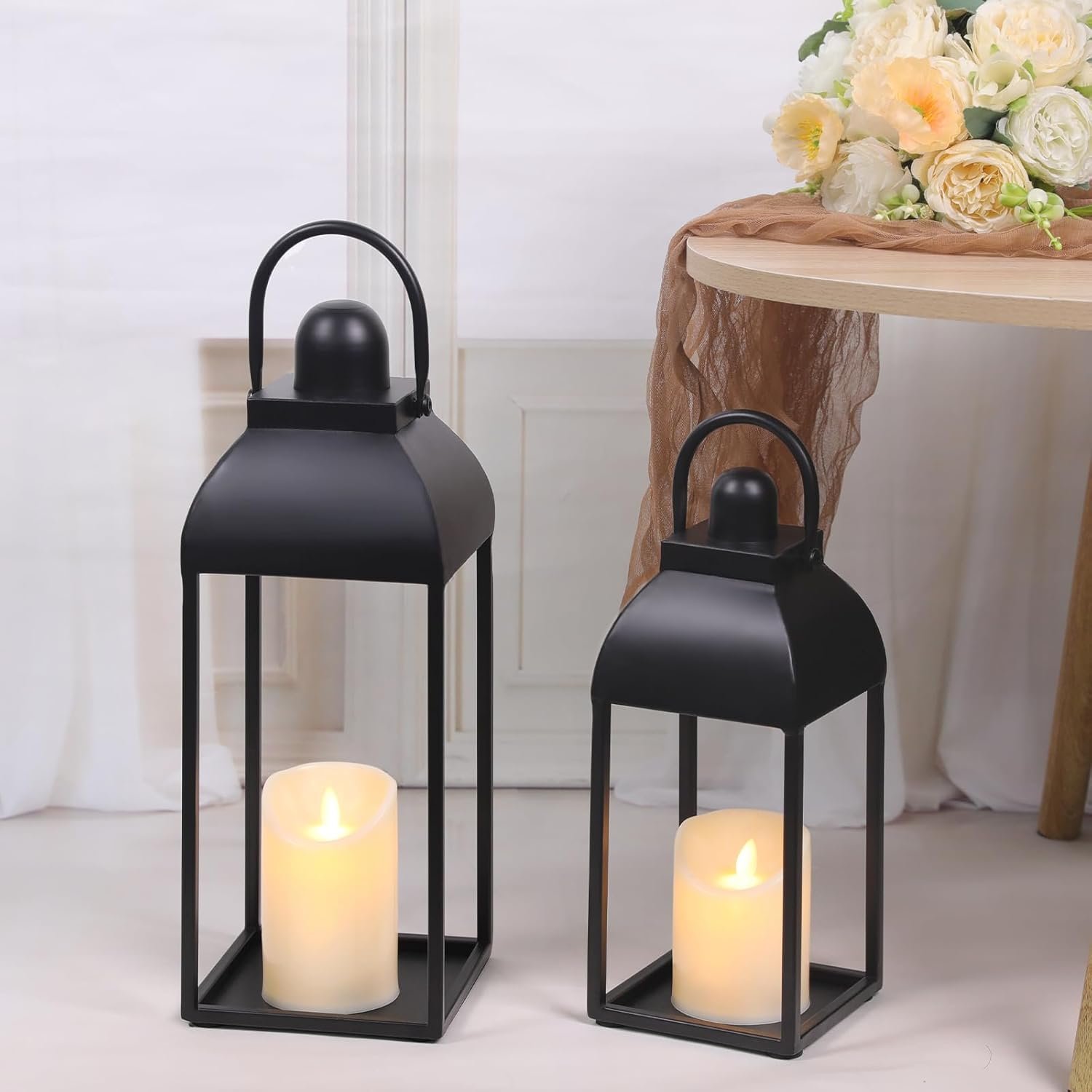 MATAHUM Lanterns Decorative Outdoor Indoor, Black Metal Outdoor Lanterns, 17” 13” Set of 2 Modern Farmhouse Candle Lantern Decor Rustic Lanterns Centerpieces for Patio, Front Porch, Mantel, Wedding