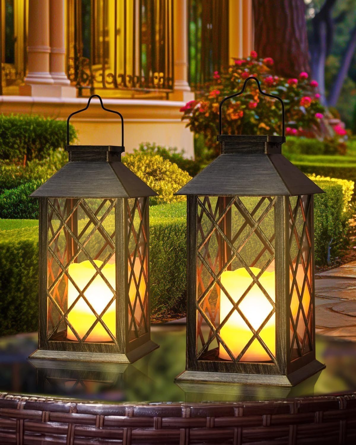 Otdair Solar Lanterns Outdoor Waterproof, 2 Pack 14″ Hanging Solar Lantern | Retro Solar Lanterns; IP65 waterproof; Flickering flameless candle; Tempered glass; Yard patio balcony decor gift