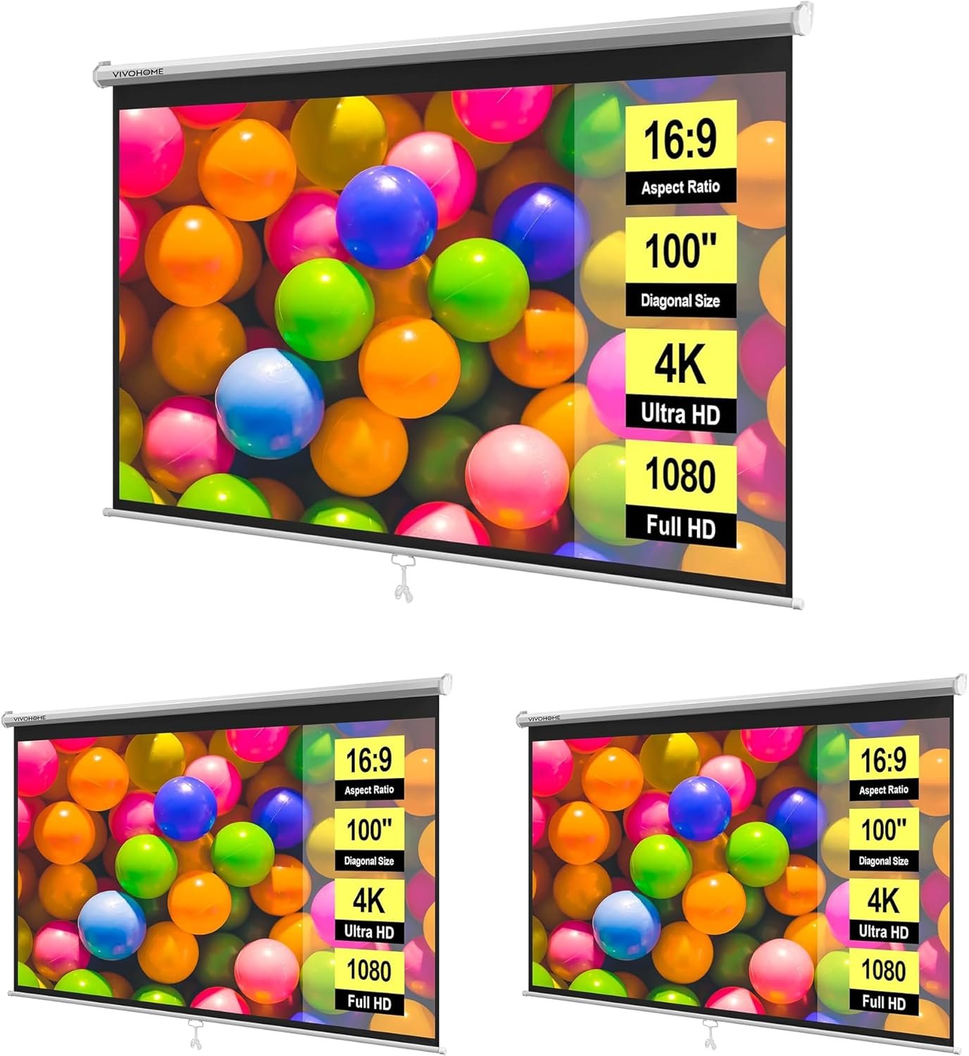 VIVOHOME 100 Inch 16:9 Pull Down Projector Screen, HD 4K Retractable Movie Screen for Indoor Home Theater and Office, Manual Projection Screen with Auto Locking (87W x 49H Inch Display Area) 3 Pack
