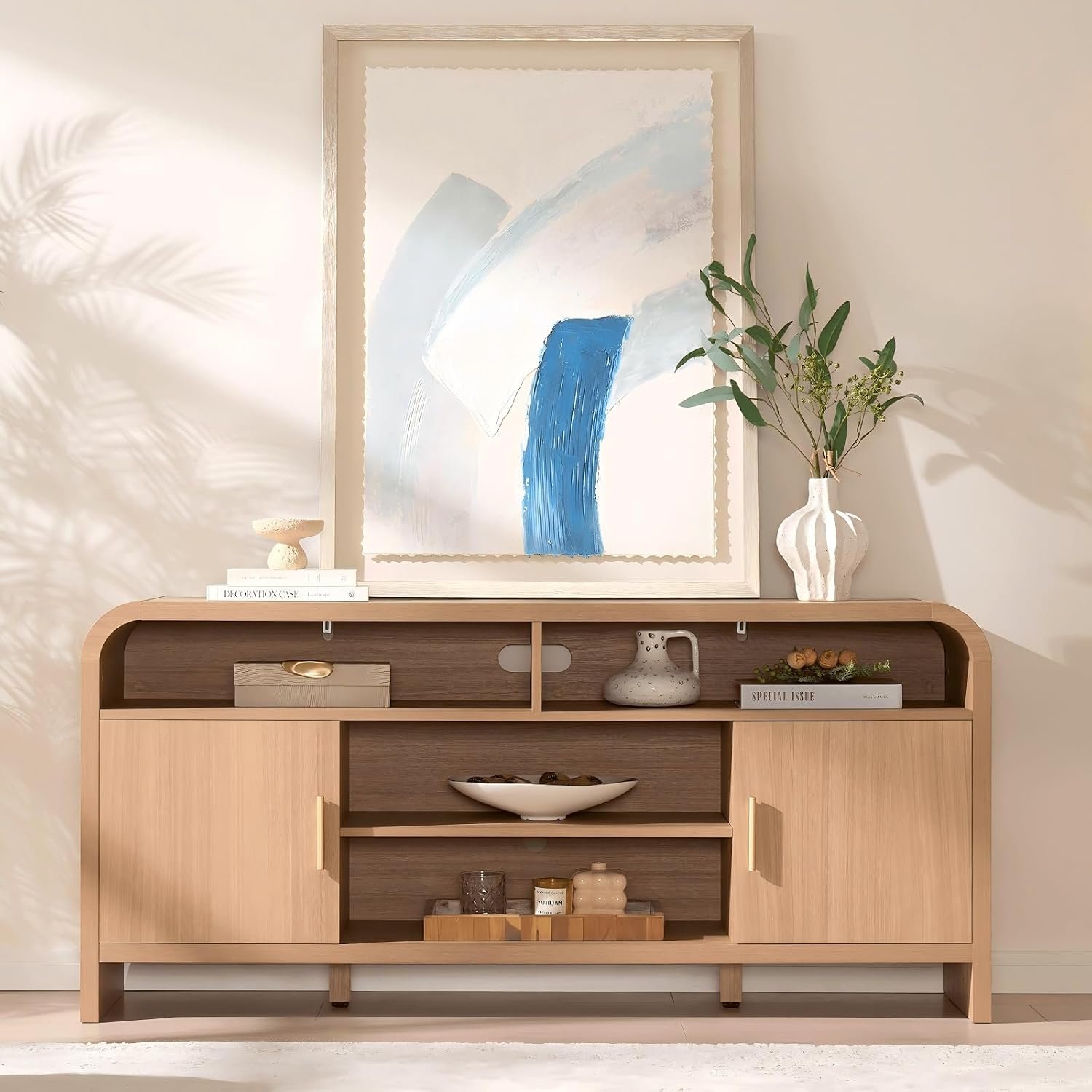 Entertainment Center for Living Room, Curved TV Stand with 3 Adjustable Shelves [FSC-Certified Wooden Board] Modern Media Console for TVs up to 65”, Farmhouse Storage Cabinet