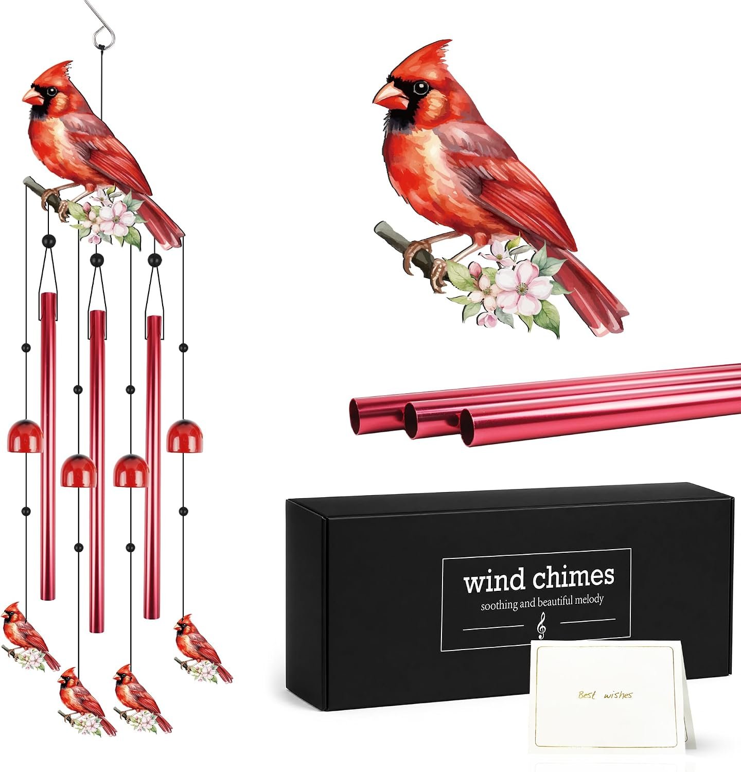 Cardinal Wind Chimes for Outside, Memorial Metal Windchimes with Red Cardinal Design for Garden Patio Porch Yard Decor, Sympathy Gifts for Loss of Loved One