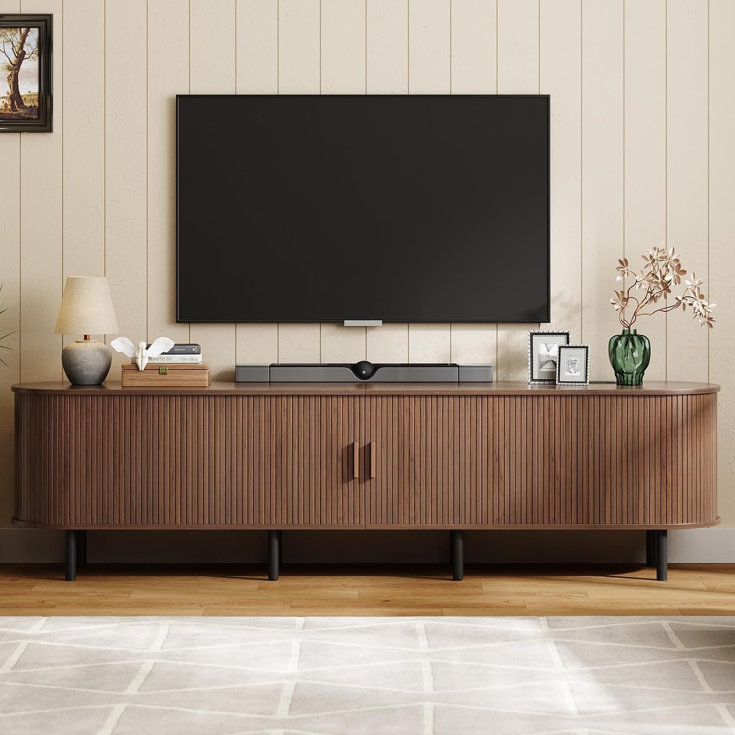 ONBRILL 86.6″ TV Stand with Power Outlet for TVs up to 90 Inch, Entertainment Center with Storage and Adjustable Shelves, Modern Media Console with Sliding Doors for Living Room, Walnut