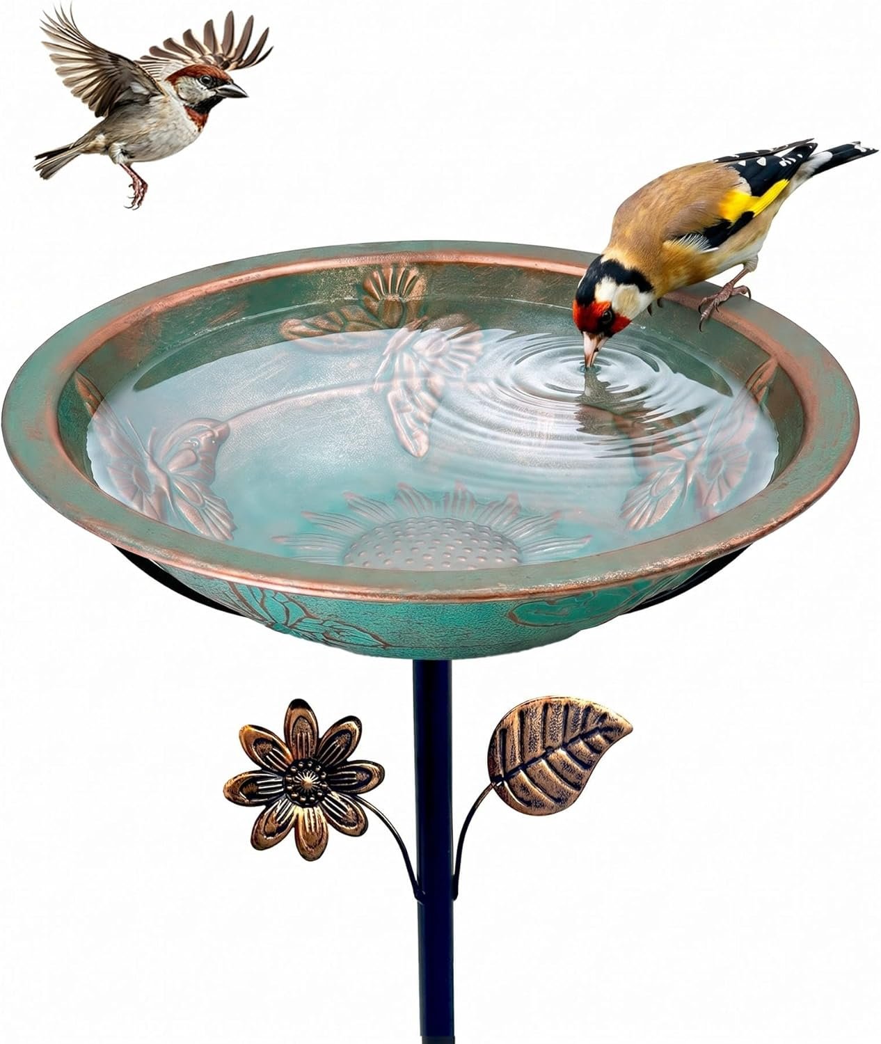 Metal Bird Bath for Outside, 13″ Diameter Bird Bath with Removable Bowl, Heavy Duty 5-Prong Stake Base, Freestanding Outdoor Birdbath for Garden Patio Yard (Verdigris Butterfly & Sunflower)