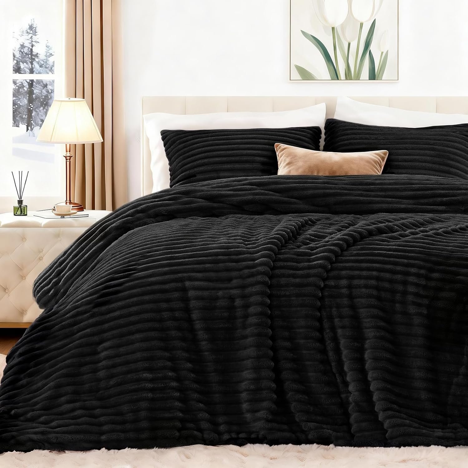 EXQ Home Fluffy Comforter Set Queen Size – Super Soft Faux Fur Stripe Jacquard Comforter 3 Pieces, Black Fleece Bedding Set,Winter Warm Bed Set,1 Comforter with 2 Pillowcases