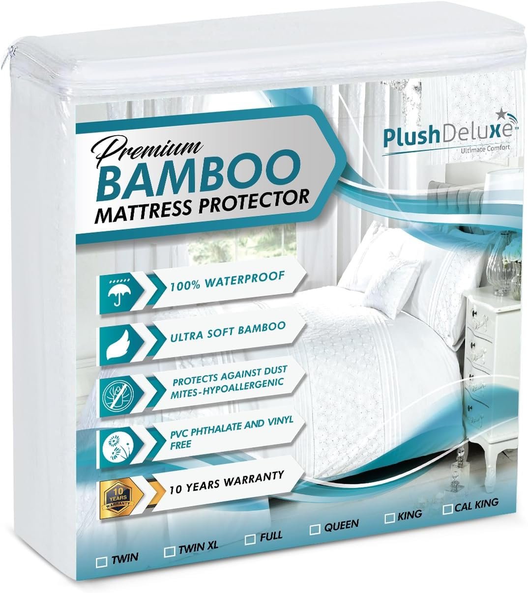 PlushDeluxe Premium Bamboo Mattress Protector – King Size, Waterproof, & Ultra Soft Breathable Noiseless Washable Bed Mattress Cover for Comfort & Protection – White