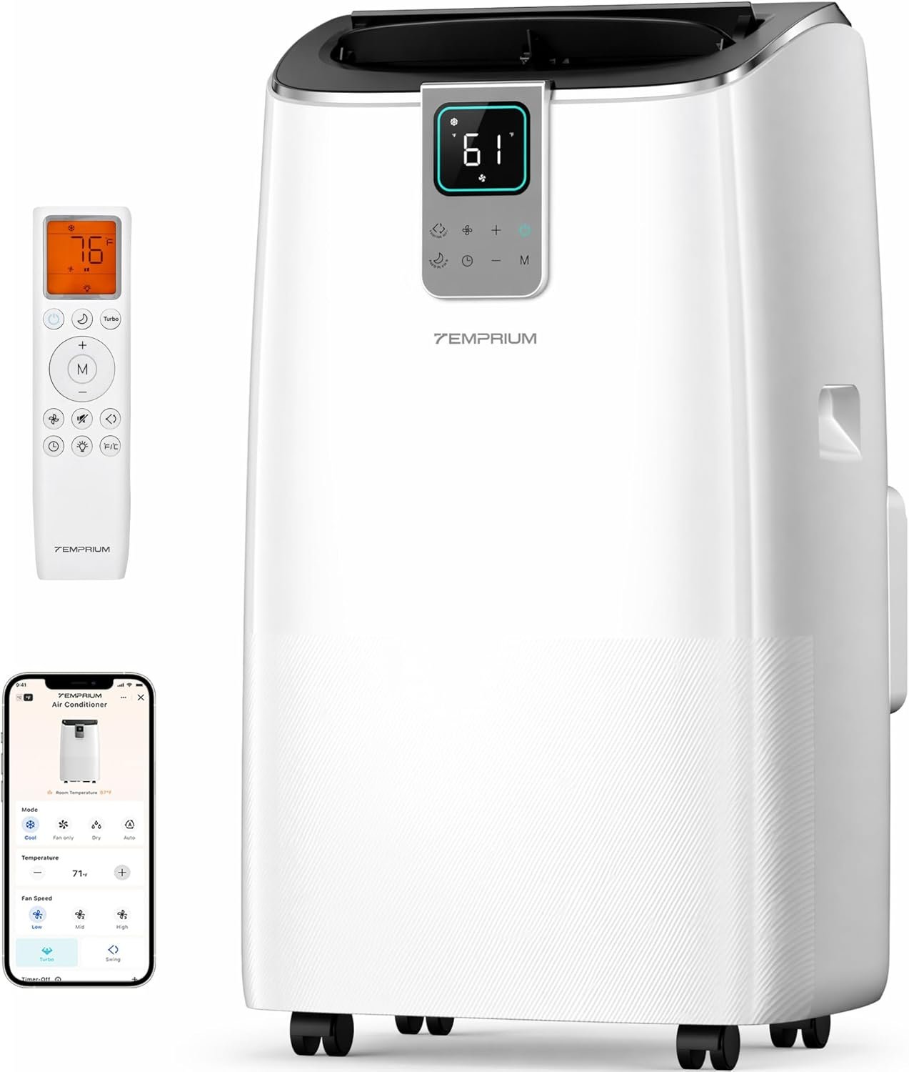 14,000 BTU Smart Portable Air Conditioner for Large Rooms up to 750 Sq.ft, 41dB Quiet Efficient AC Unit with App & Voice Control, 4-in-1 Cooling, Dehumidifier, Fan, No-Drain Self-Evaporating