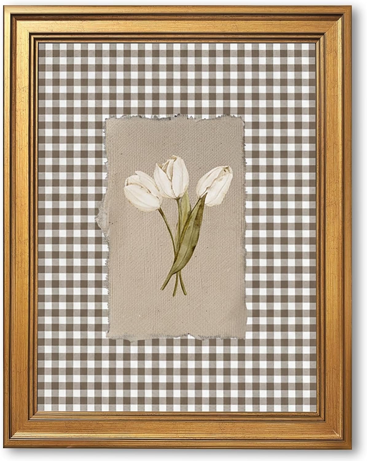 Gold Framed White Tulips Vintage Floral Wall Art Painting Brown Gingham Botanical Print Rustic Farmhouse Flower Picture Poster Neutral Cottagecore Canvas Artwork Aesthetic Country Home Decor 8x10inch