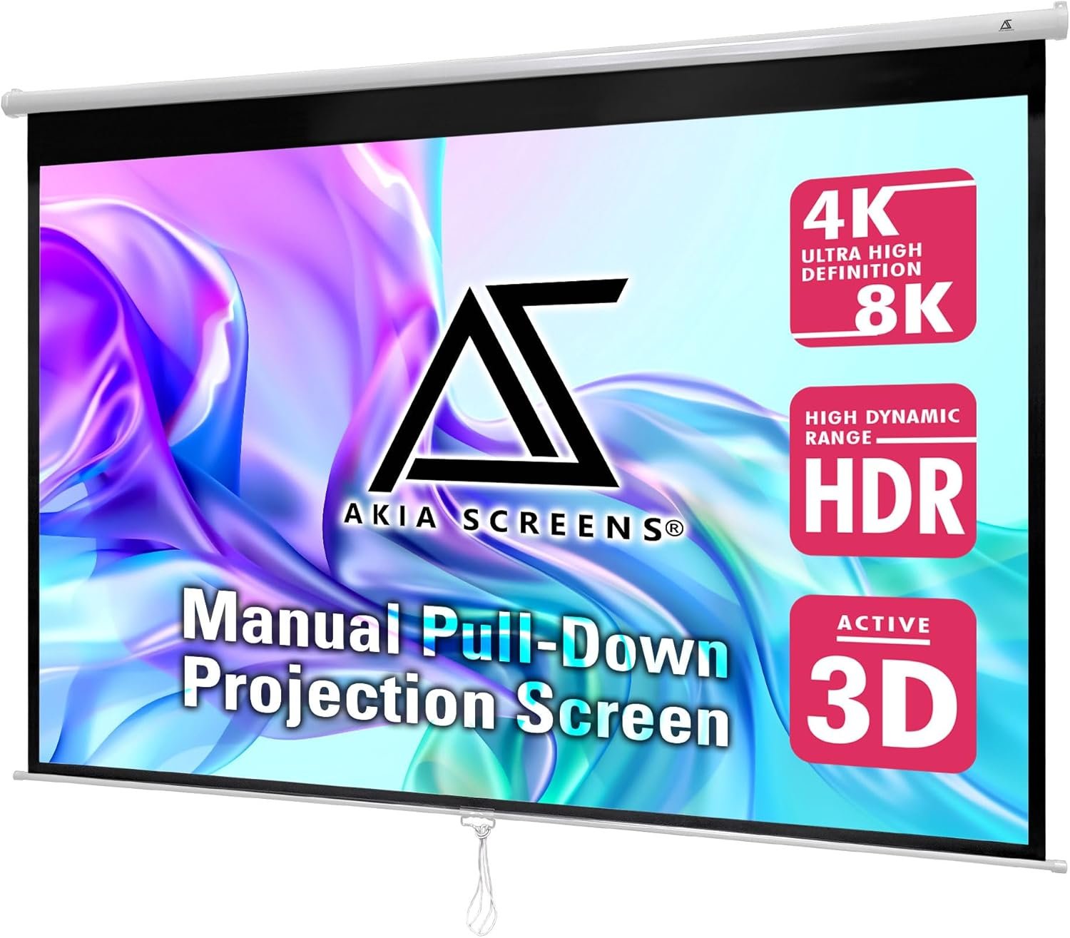 Akia Screens 110 Inch Manual Pull Down Projector Screen, 16:9 Retractable Projection Screen, 4K 8K HD Ready, Wall or Ceiling Mount, Auto-Locking Indoor Home Theater Screen, White Case (AK-M110H1)
