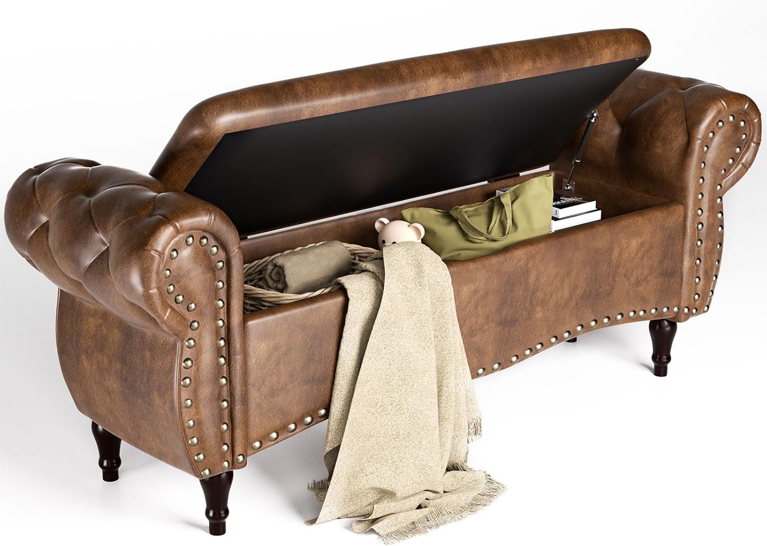 ZZW Storage Ottoman Bench, 51″ Length Upholstered End of Bed Storage Bench for Bedroom with Safety Hinge, Tufted Bed Benches with Rolled Arm and Nailhead Trim for Living Room, Entryway Brown