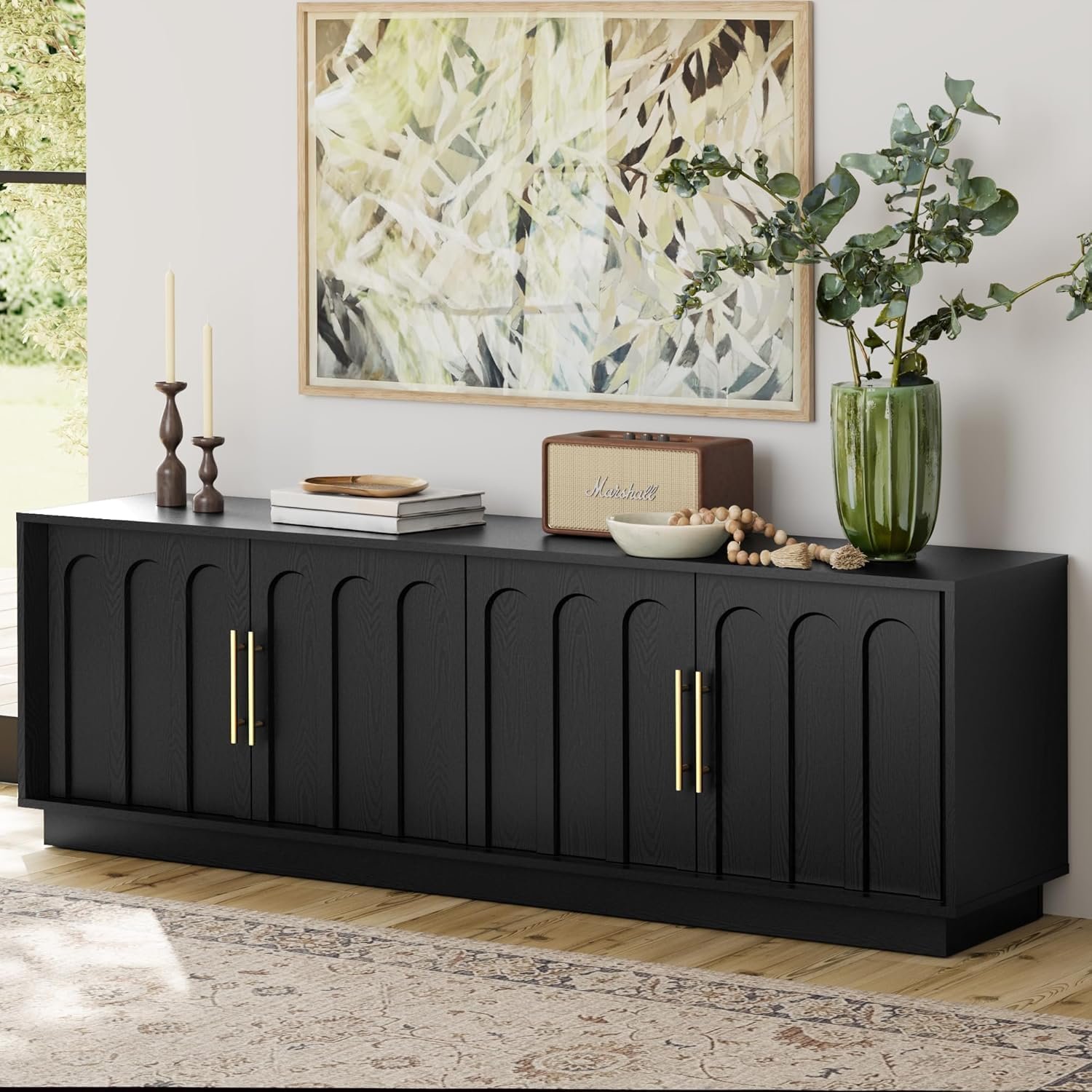 FORTUNETEC TV Stand for 75 Inch TV, 67″ Entertainment Center with Arched Design, Minimalist Media Console with Adjustable Shelves, Modern TV Stand for Living Room Bedroom, Black
