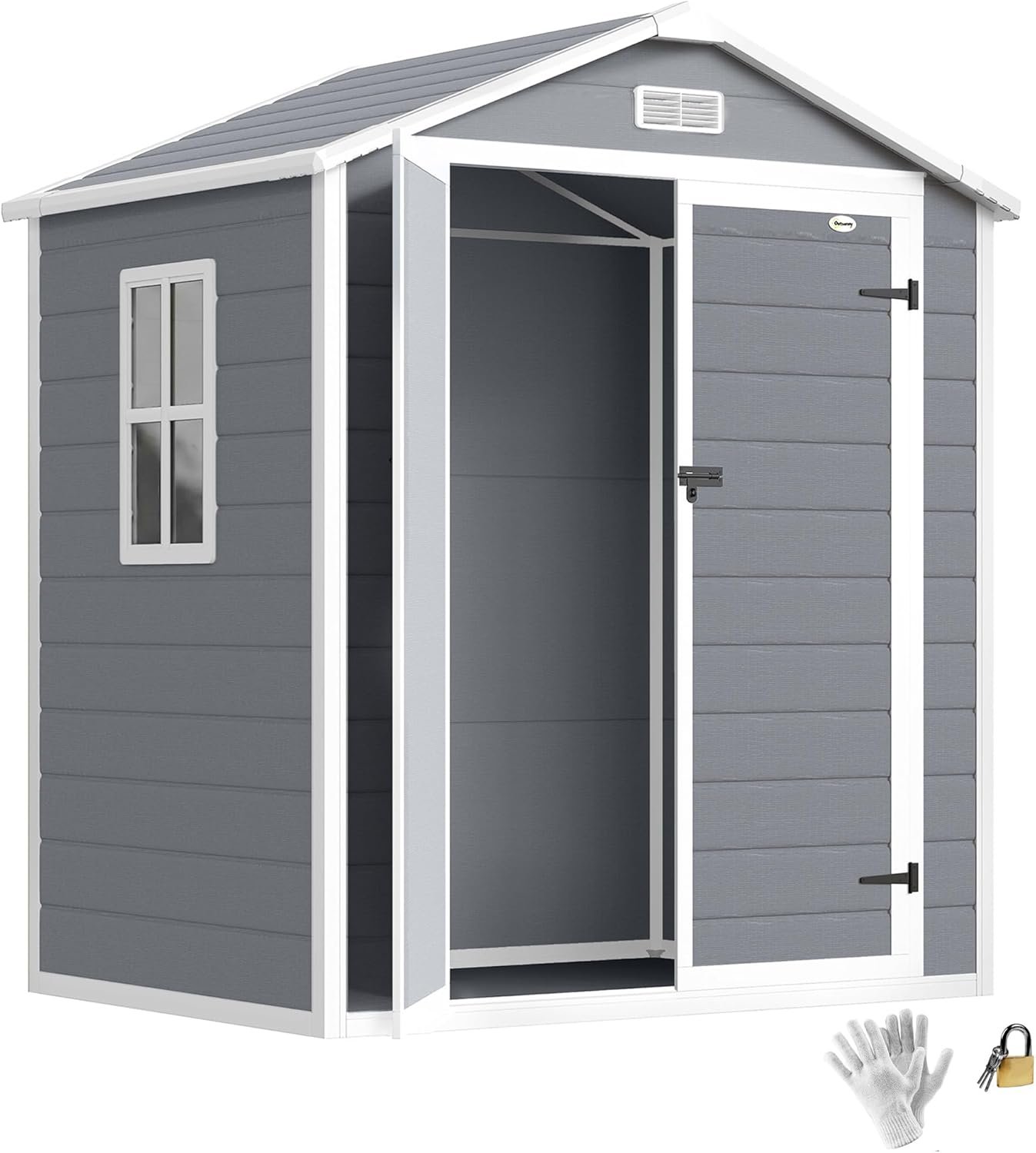 Outsunny 6′ x 4.5′ Outdoor Storage Shed, Waterproof Resin Plastic Shed with Floor, Window, Lockable Doors and Vents, All-Weather Garden Tool Shed for Backyard, Patio, Lawn,Gray