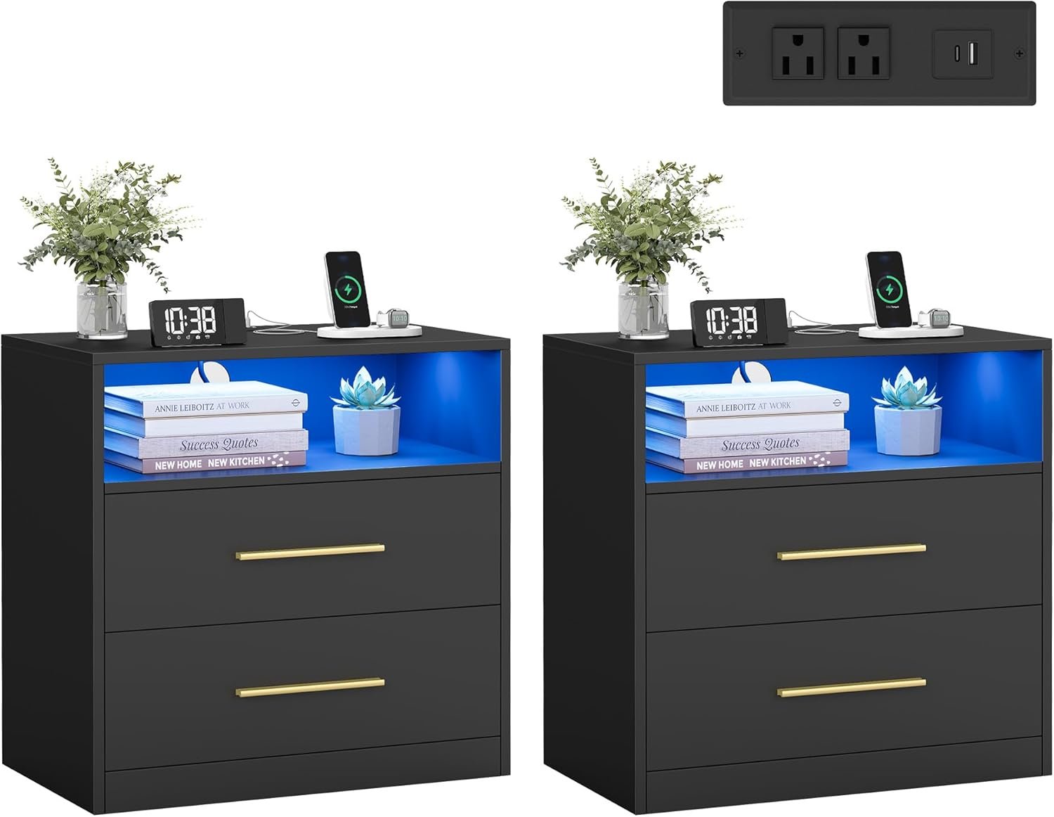 VASAGLE Custos Collection – Set of 2, 23.6 Inch Wide Nightstands with Charging Station, LED Lights, Modern Night Stands, Side End Tables with Drawers, Open Shelf, 2 AC Outlets USB Ports, Ink Black