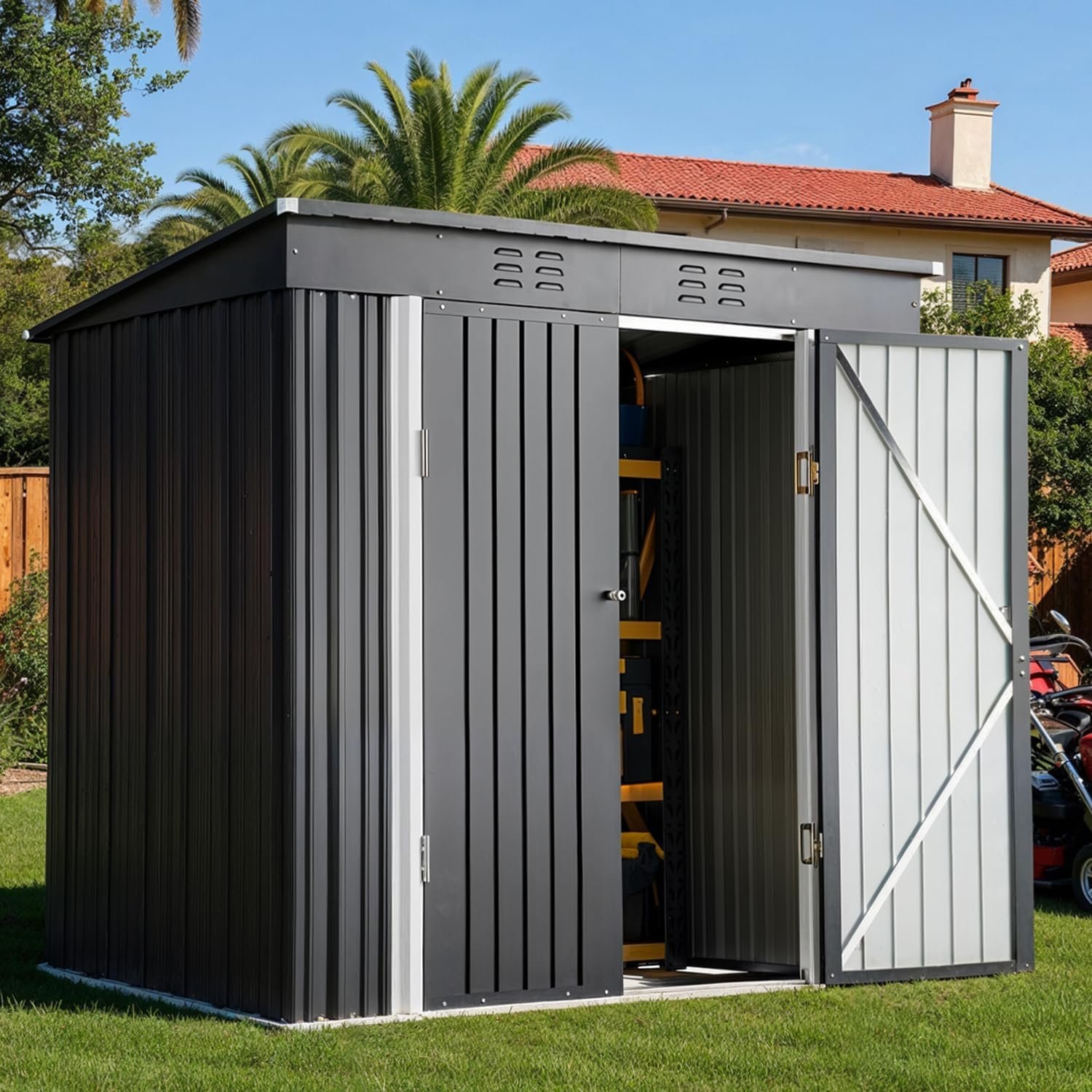 Bealife 6′ x 4′ Outdoor Storage Shed Clearance, Metal Outdoor Storage Cabinet with Double Lockable Doors, Waterproof Tool Shed, Backyard Shed for Garden, Patio, Lawn (Dark Gray)