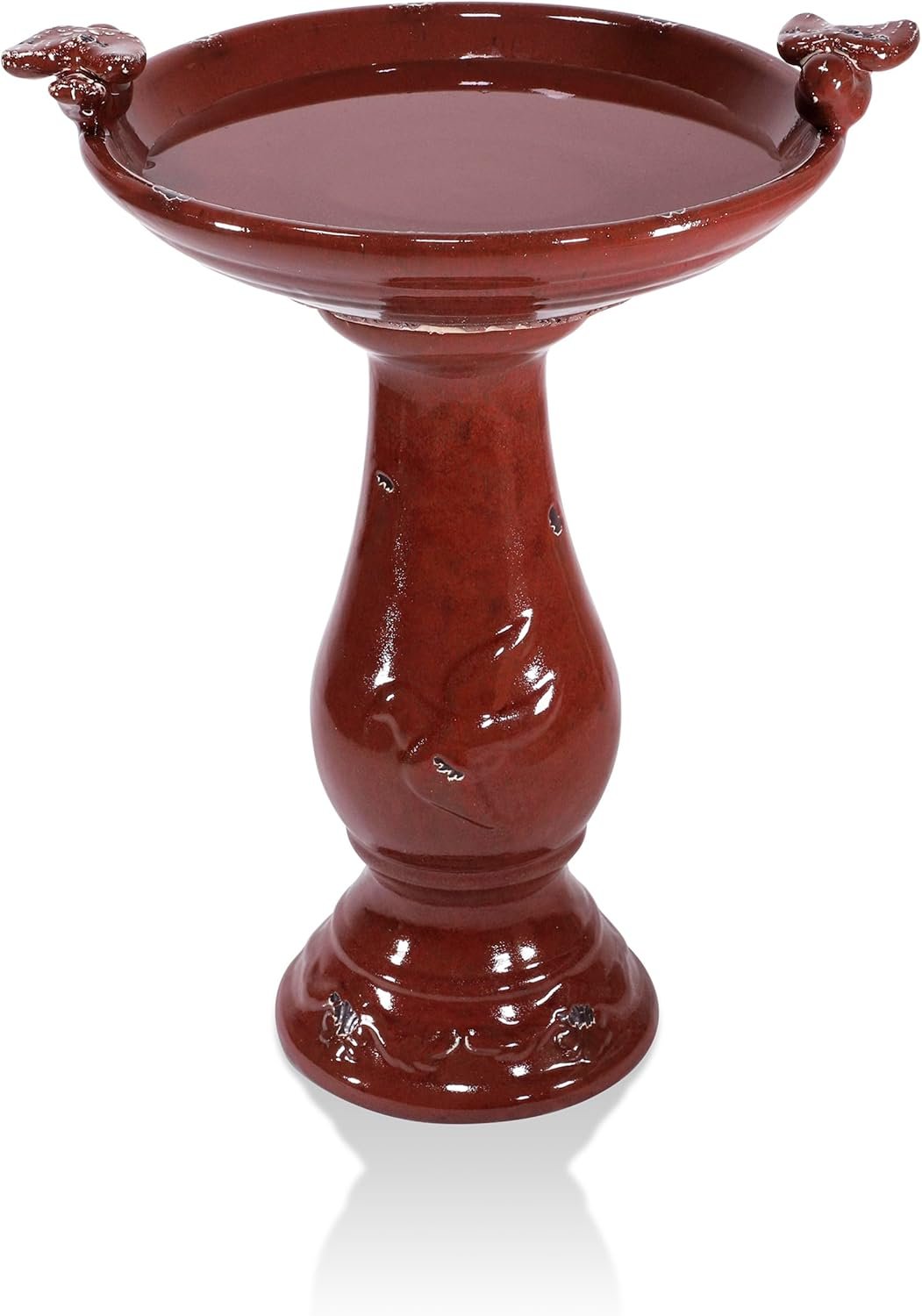 Alpine Corporation 25″ Tall Outdoor Antique Ceramic Birdbath with 2 Bird Figurines – Vintage Style Garden Bird Bath Bowl for Patio, Yard, Lawn Decor, Red