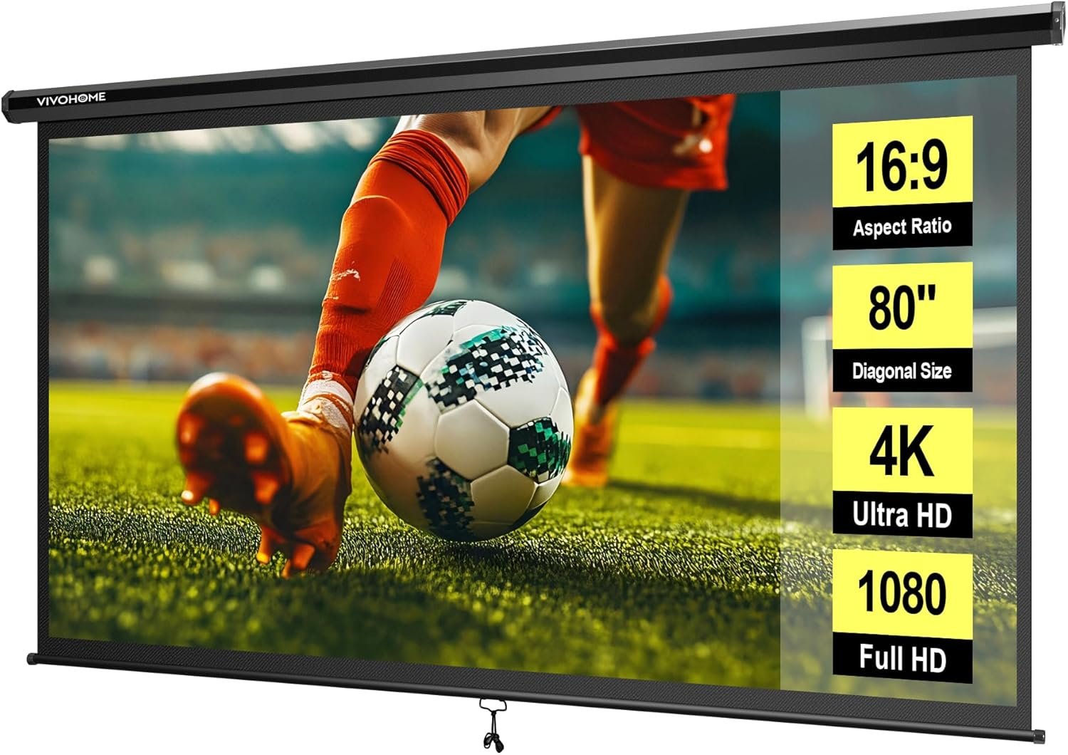 VIVOHOME 80 Inch 16:9 Pull Down Projector Screen, HD 4K Retractable Movie Screen for Indoor Home Theater and Office, Manual Projection Screen with Auto Locking (70Wx40H Inch Display Area), Black