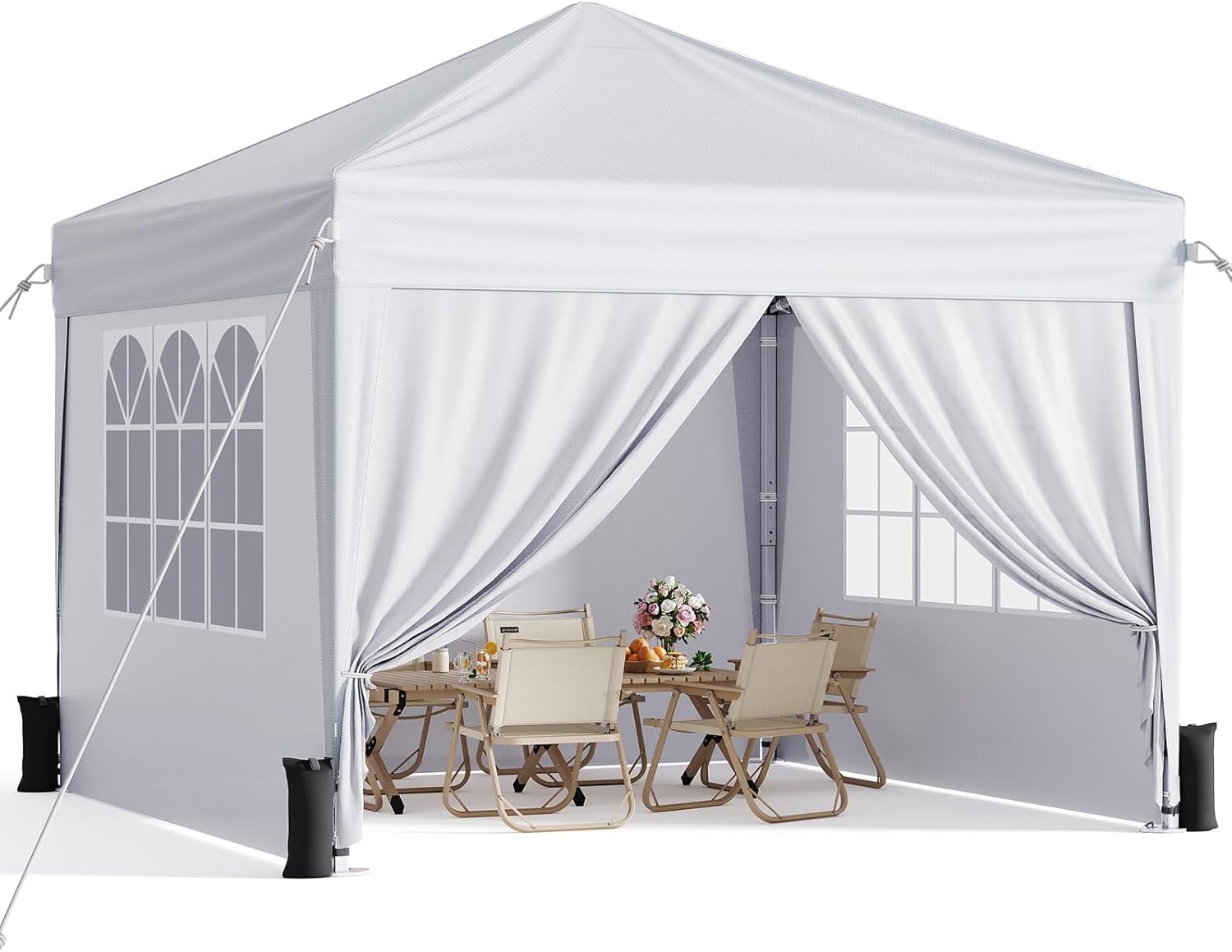 10×10 Pop Up Canopy with Sidewalls, Instant Portable Canopy Tent with Carry Bag for Commercial Events, Camping, Parties – White