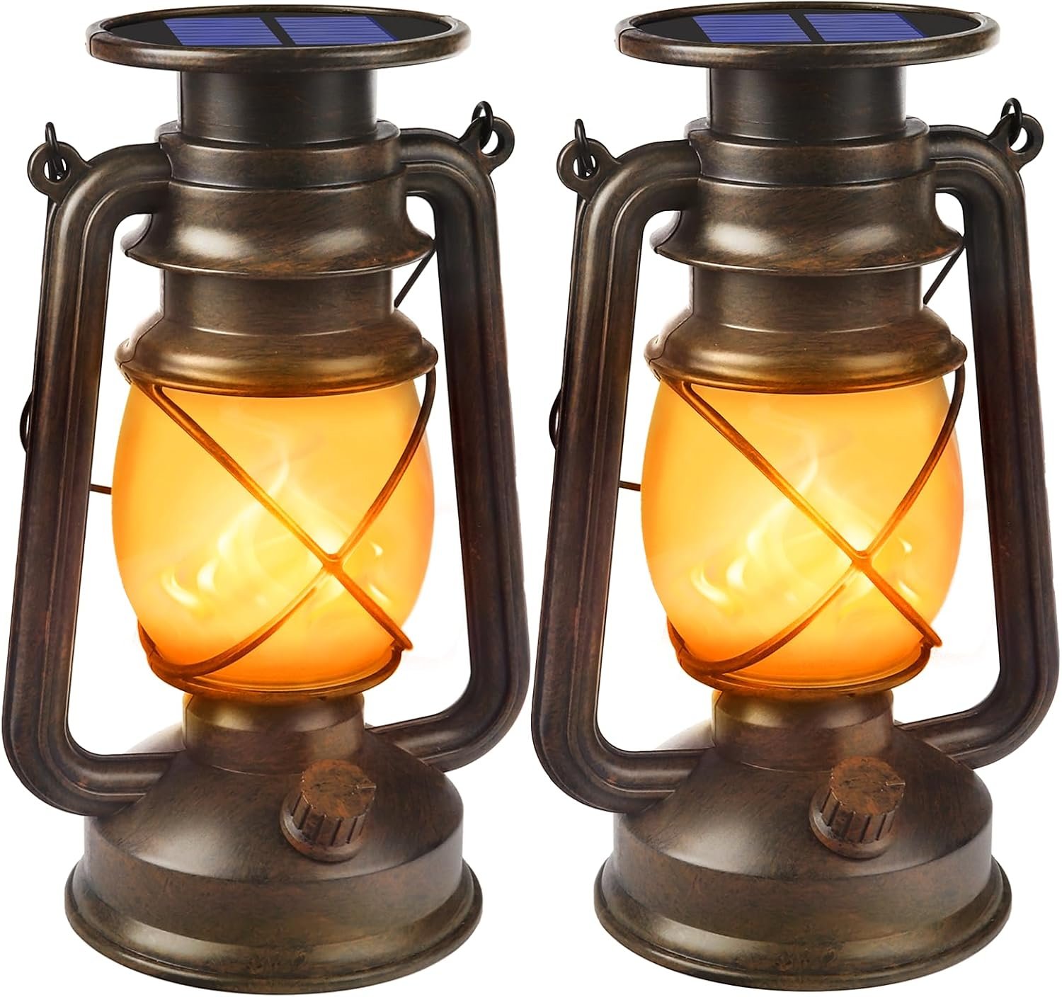Wondrastical Solar Lanterns Outdoor Waterproof, 2 Pack Flickering Flame LED Hanging Lantern, Bronze Vintage Solar Powered Decorative Lights for Patio Porch Garden Yard Pathway Camping