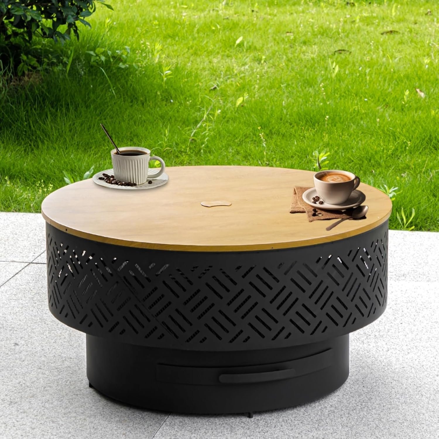 OutVue 26″ Wood Burning Fire Pits with Grill & Lid, Fire Pit Table for Outside with Waterproof Cover & Fire Poker, Outdoor Firepit with Functions for BBQ,Table and Bonfire