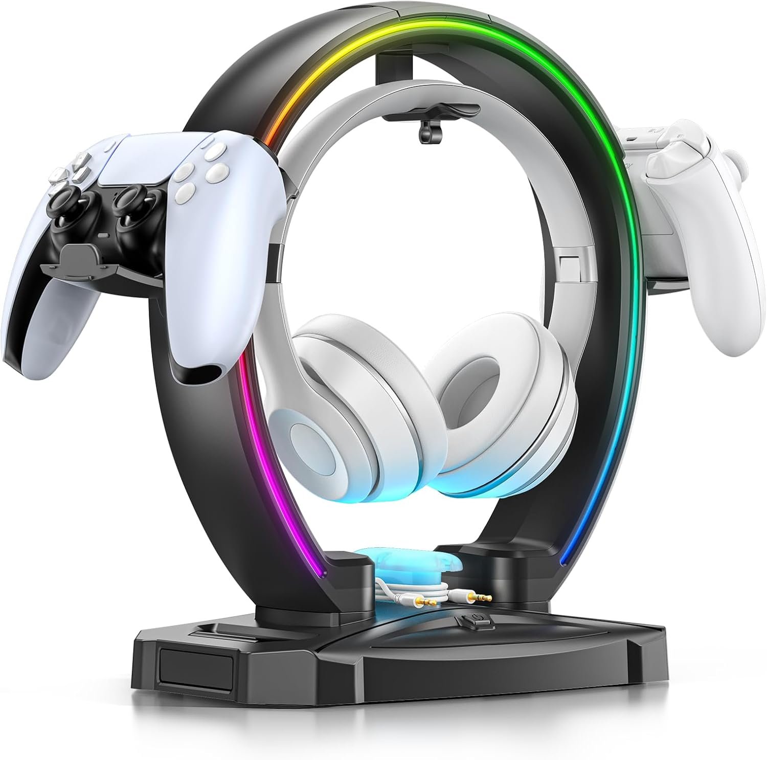 KDD RGB Headphone & Controller Stand with 9 Light Modes – Foldable Controller Hanger for Desk – Earphone Stand with Cable Organizer – for Gamers Desktop Accessories