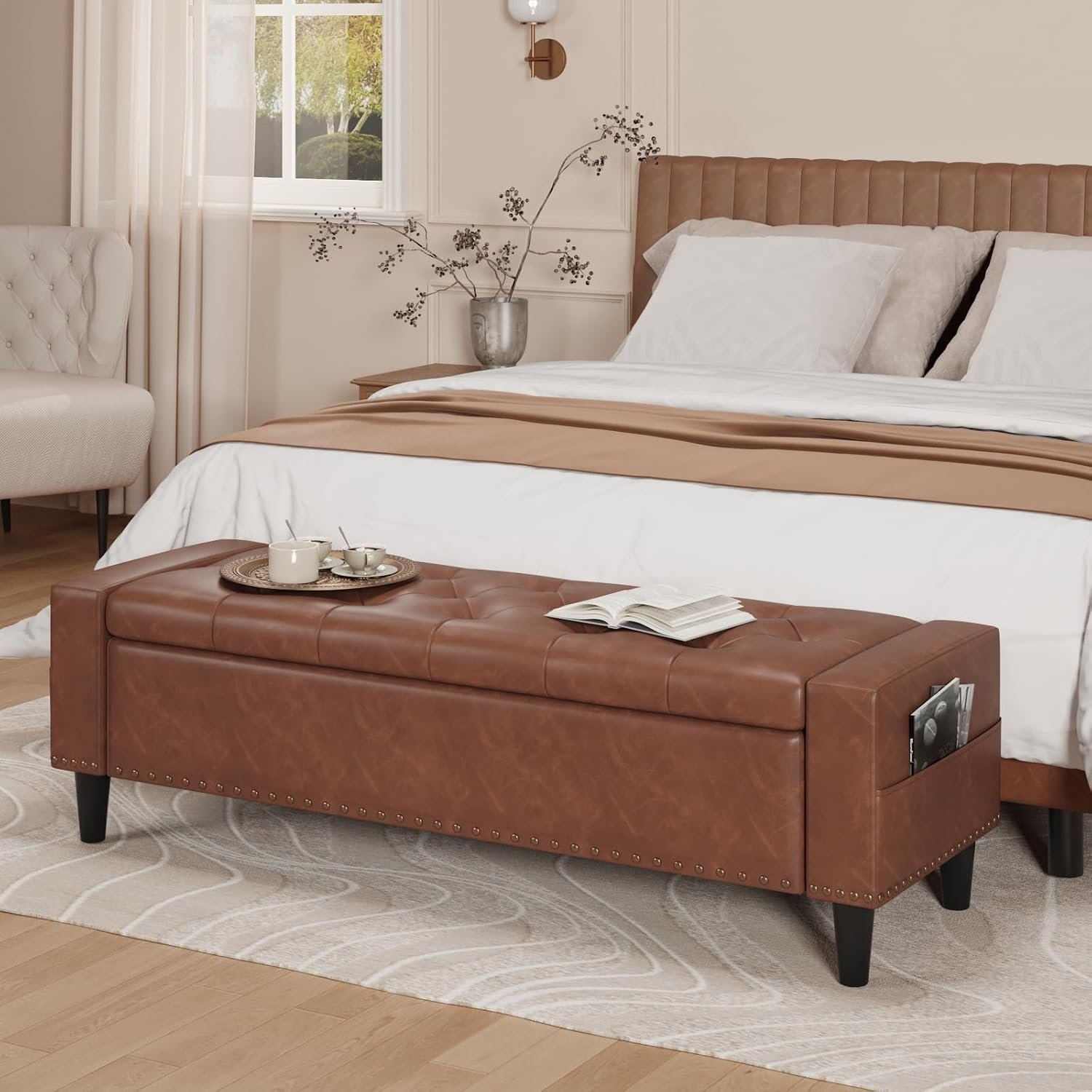 60″ Storage Ottoman Bench, Faux Leather Upholstered Bed Bench with Tufted Buttons and Nailhead Trim, Large Ottoman with Storage for King Size End of Bed, Bedroom, Entryway, Hallway (brown)