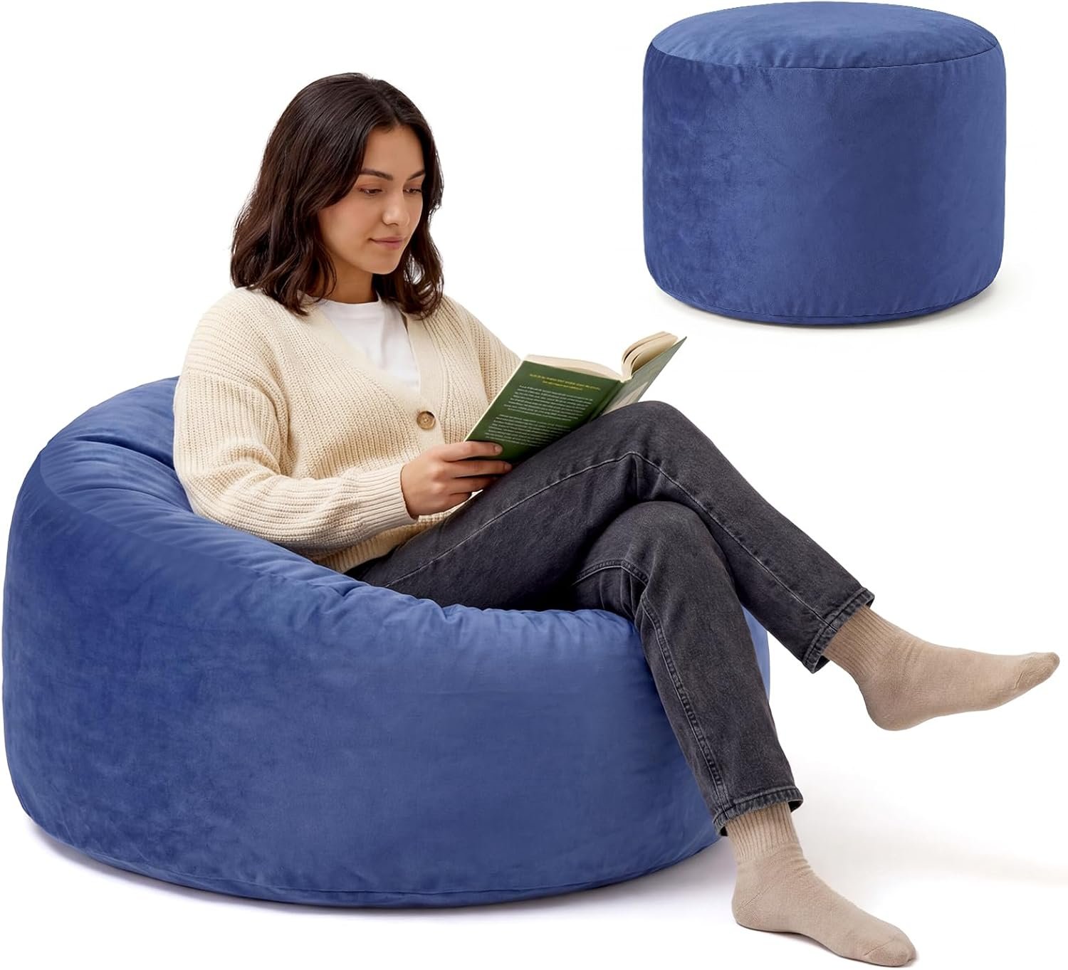 ACH Bean Bag Chair for Adults and Teens – 3ft Memory Foam Floor Chair, Perfect for Dorms, Gaming & Relaxing, Machine Washable Velvet Cover (Blue-Medium)