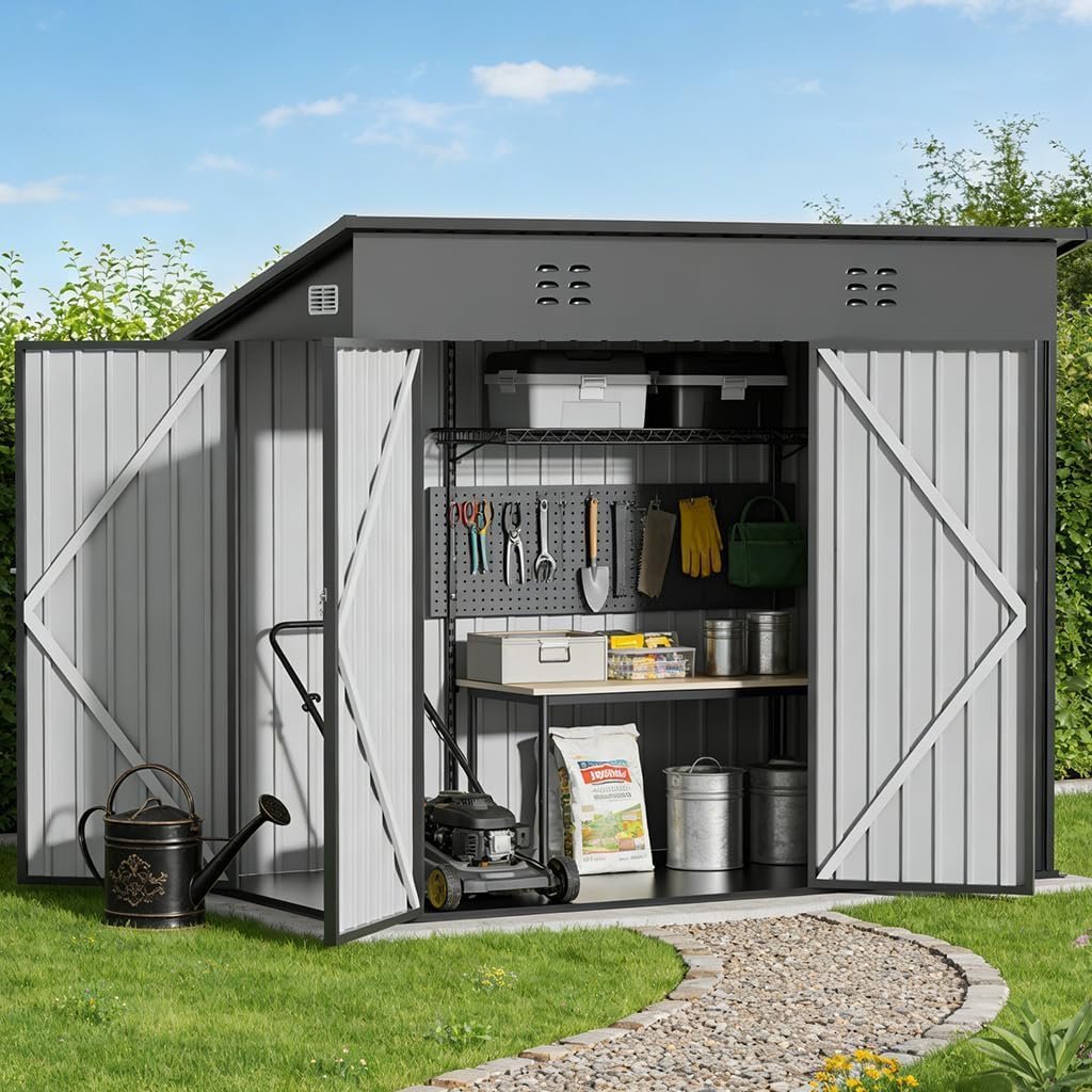 COMHOMA Shed Storage Outdoor Metal Windowed Lockable Weatherproof Ventilated Backyard Garden Utility Workshop(Grey,8’*4′)