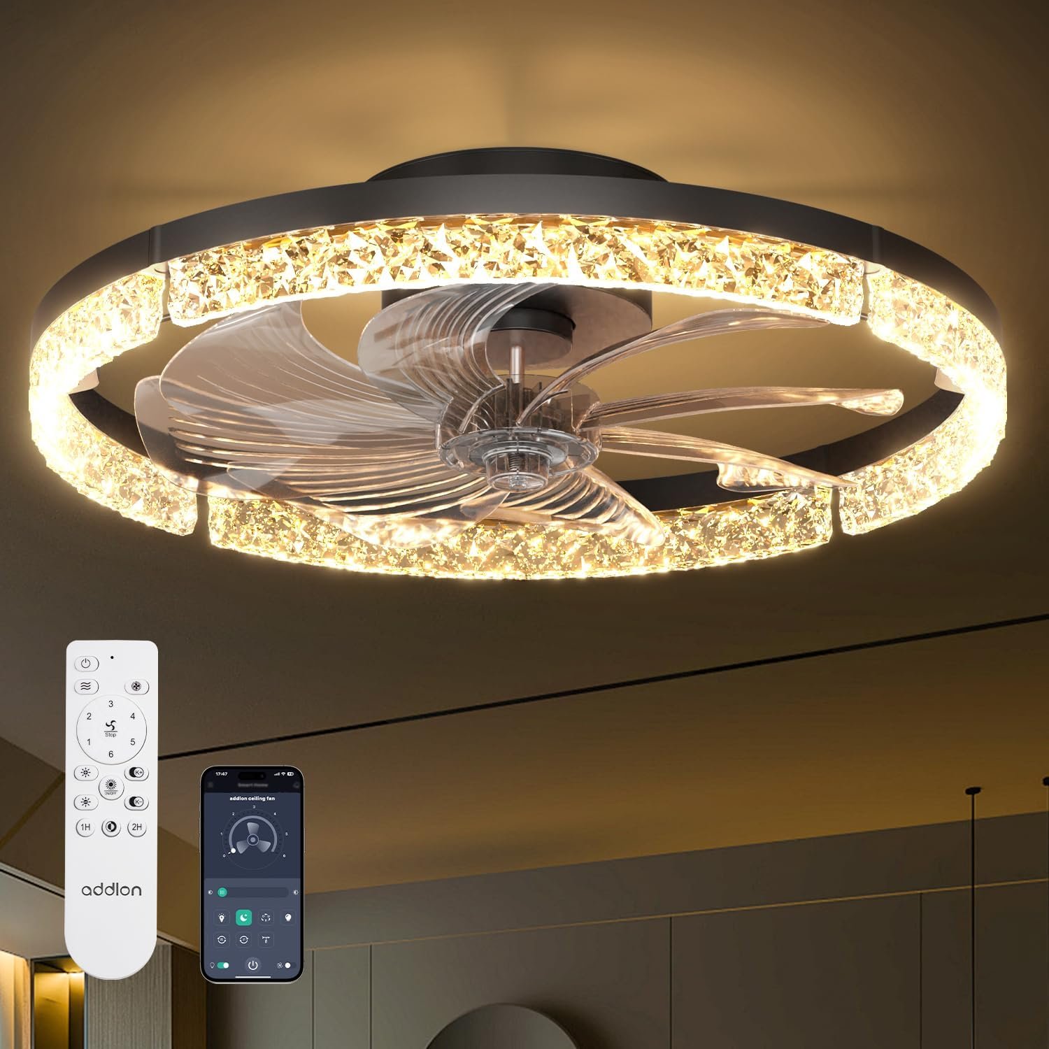 addlon Ceiling Fans with Lights and Remote, 20” Low Profile Ceiling Fans, 3000-6000K Dimmable Modern Flush Mount LED Fan Light, Fandelier Ceiling Fan for Bedroom, Kitchen, Living Room, Black