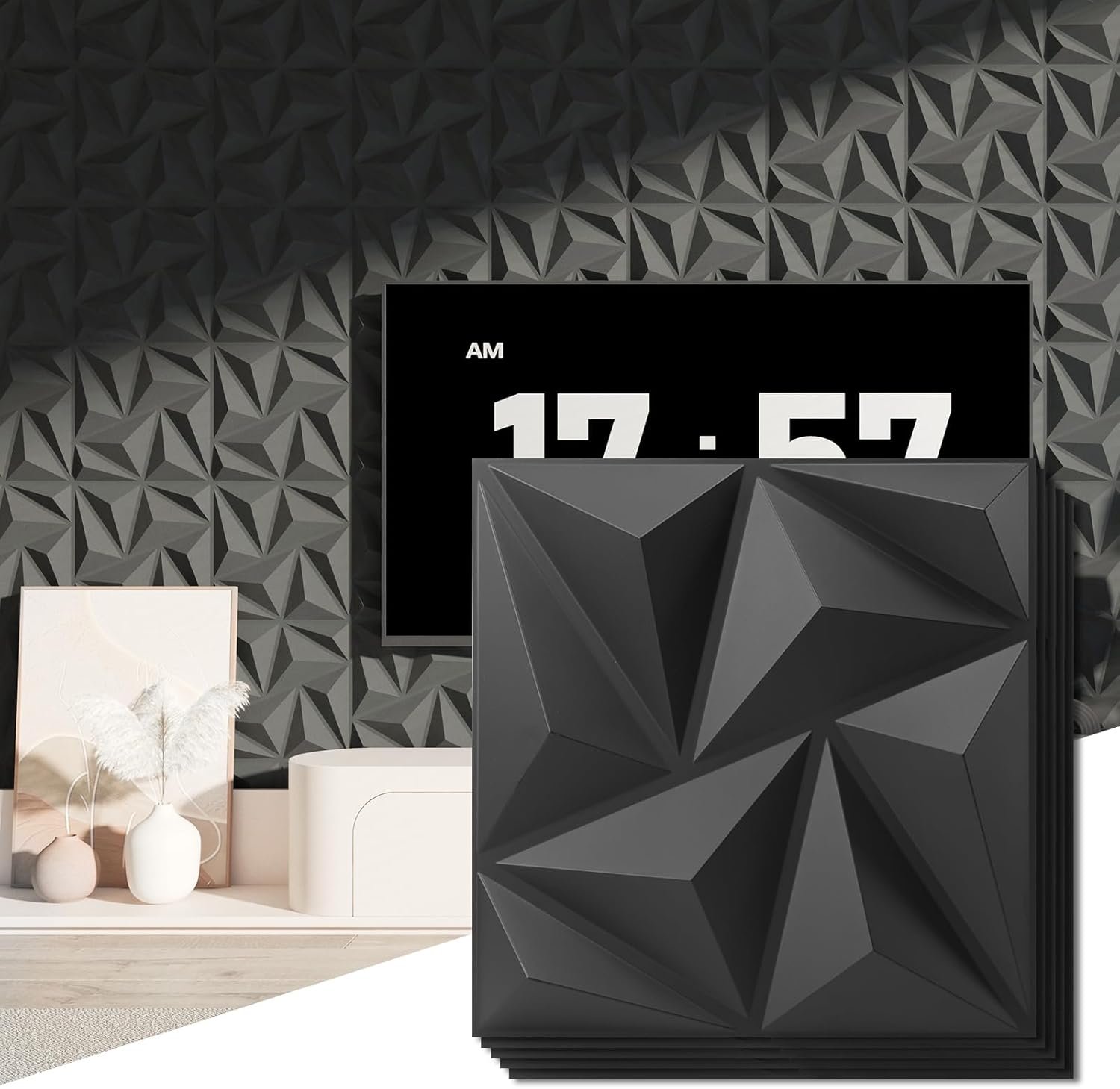 Art3d 3D Wall Panels 20 Pack, 11.8″ x 11.8″ (19 Sq.ft) PVC Wall Panels, Glue Up Wall Decor for Living Room, Bedroom, Office, Black