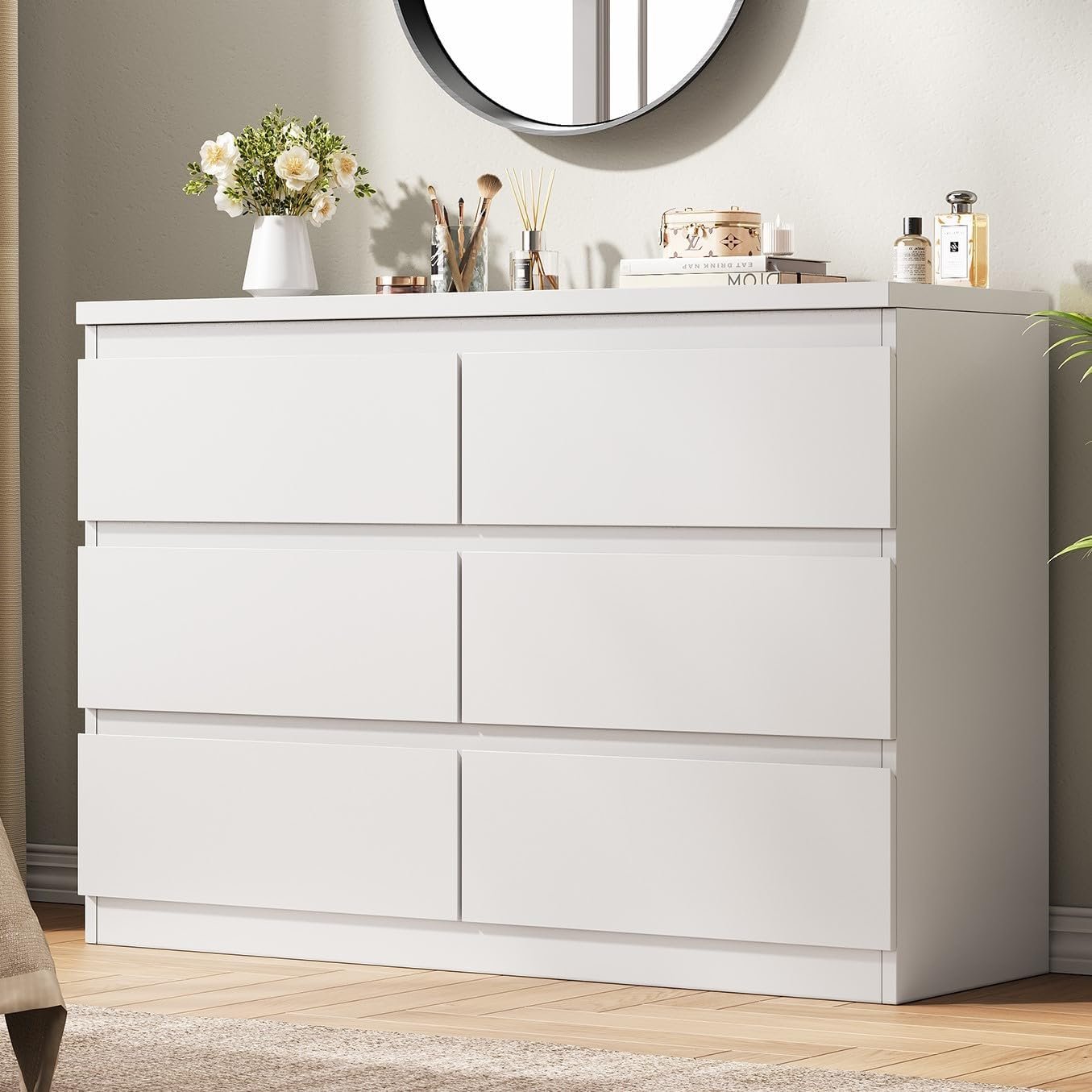 Jocoevol White 6 Drawer Dresser for Bedroom, 15.3″ D x 47.2″ W x 32.3″ H in Simply Modern Chest of Drawers, Wood Storage Double Dresser with Deep Drawers for Living Room, Hallway Entryway, White