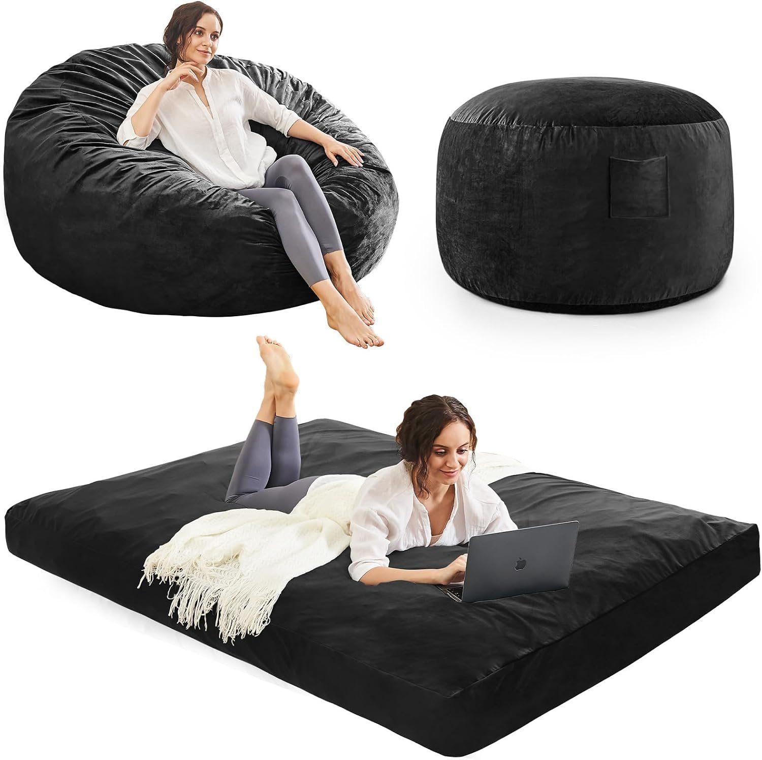 Bean Bag Chairs for Adults – Giant Bean Bag Chair Convertible Bean Bag Bed – Beanbag Chair with Microfiber Cover/Furniture Foam Filler – Floor Couch Sofa in Bedroom Dorm Room – Full Carbon Black