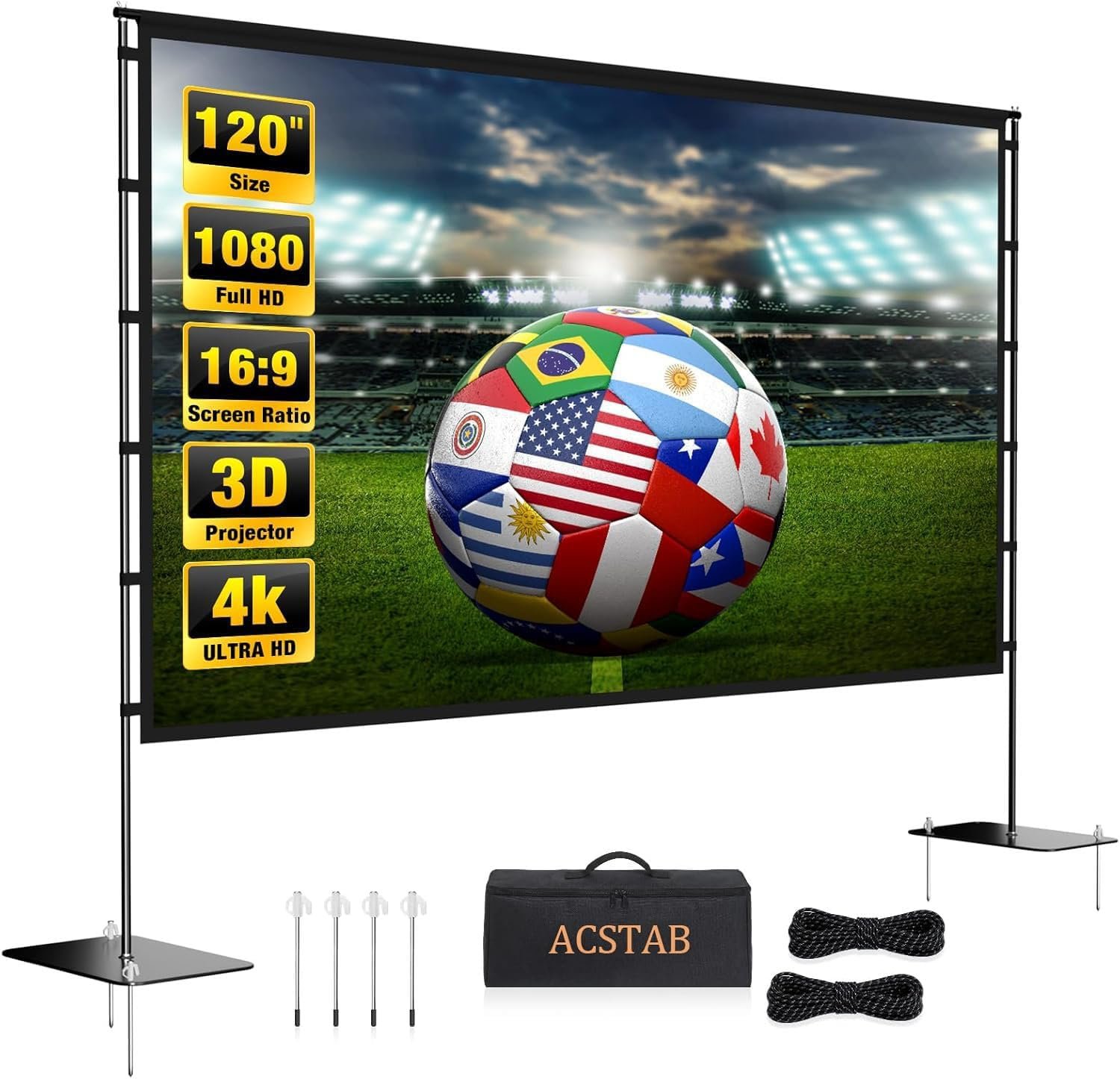 Outdoor Projector Screen with Stand – 120 Inch Portable Projector Screen Outdoor Indoor Projection Screen 16:9 4K HD Movie Screens with Carry Bag Can Enjoy Home Theater Projection Screens