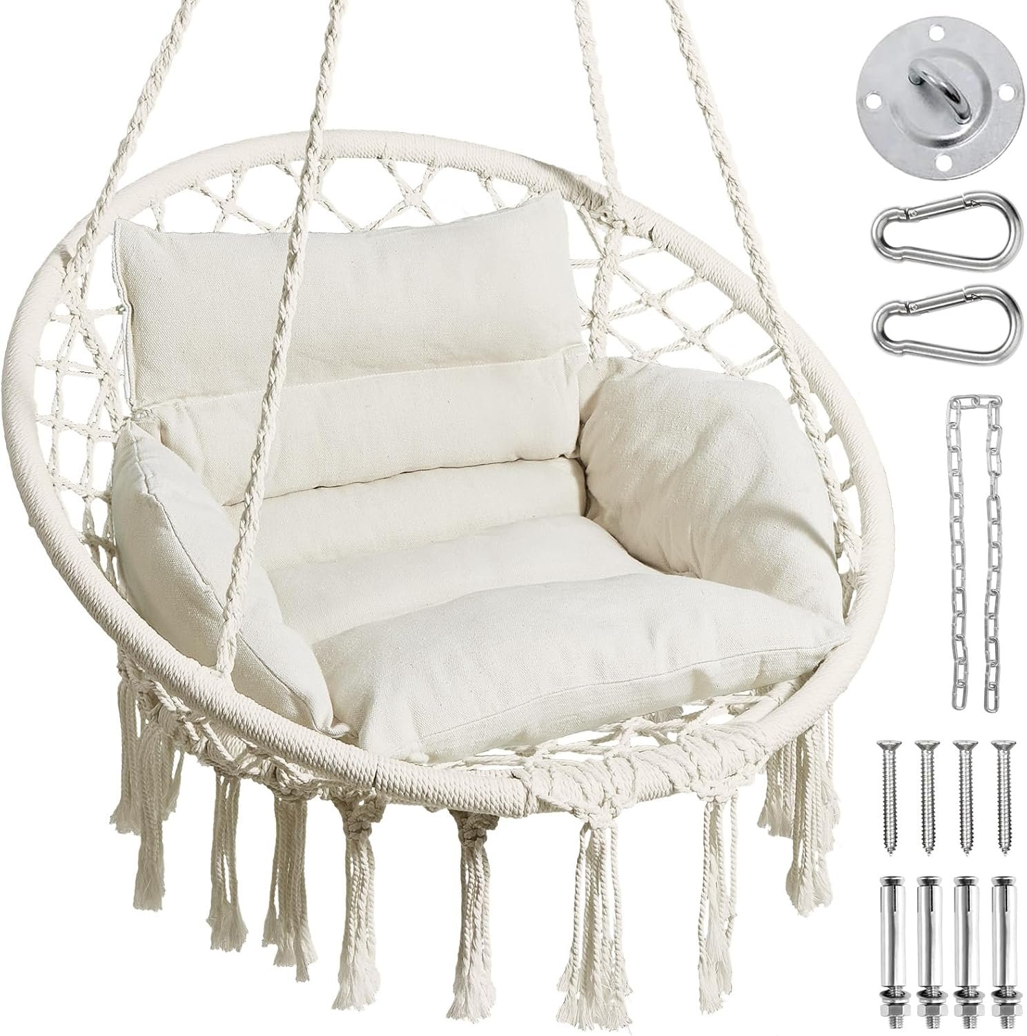 Greenstell Hammock Chair, Macrame Swing Chair with Comfy Cushion, Boho Hanging Chair for Outdoor & Indoor, Perfect for Bedroom, Patio, Balcony, Hold up to 330Lbs, Beige