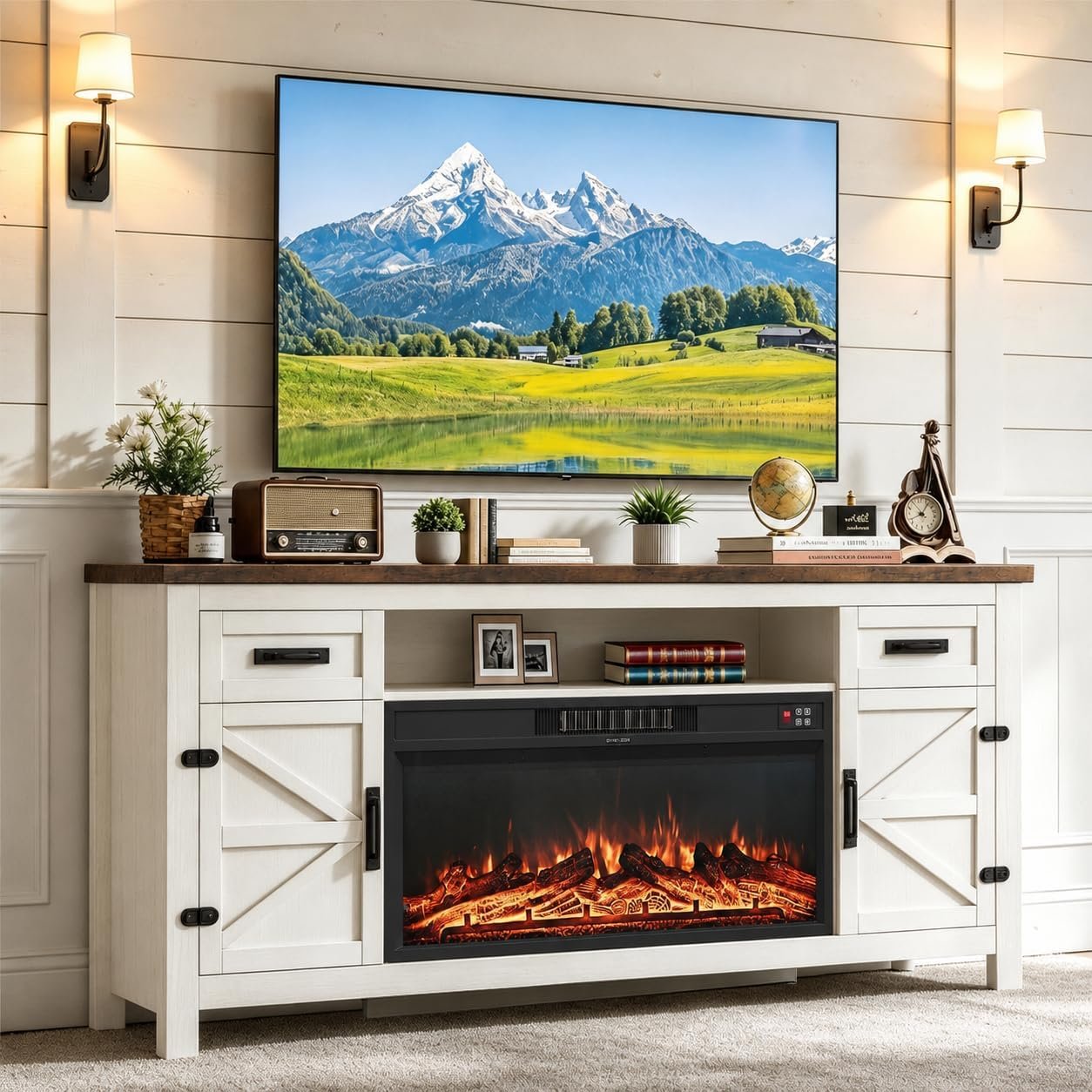 Fireplace TV Stand with Barn Door for TVs up to 80″, Farmhouse Fireplace Entertainment Center with Storage Cabinets, 70 inch, White