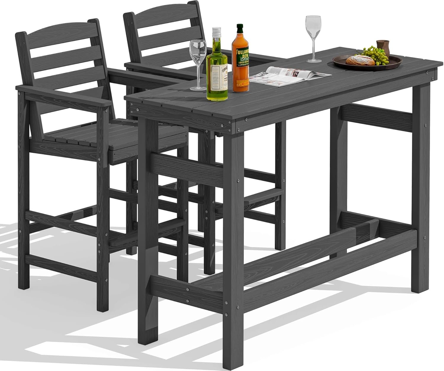 SERWALL Outdoor Bar Set – 2 Adirondack Bar Chairs & Bar Height Table with 1.6″ Umbrella Hole, All-Weather HDPE Patio Furniture for Poolside, Backyard, Garden – Grey