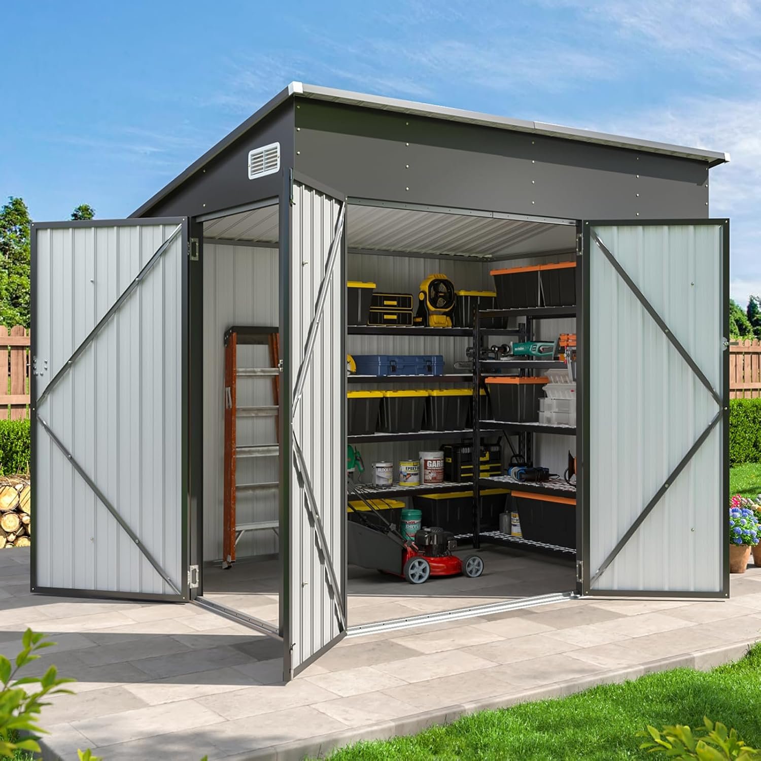 Aoxun 7.5’x4′ Triple Door Shed Outdoor Storage Shed with Three Lockable Door Metal Storage Cabinet with Slopping Roof for Tools Bicycles Storage for Garden, Backyards (Black)