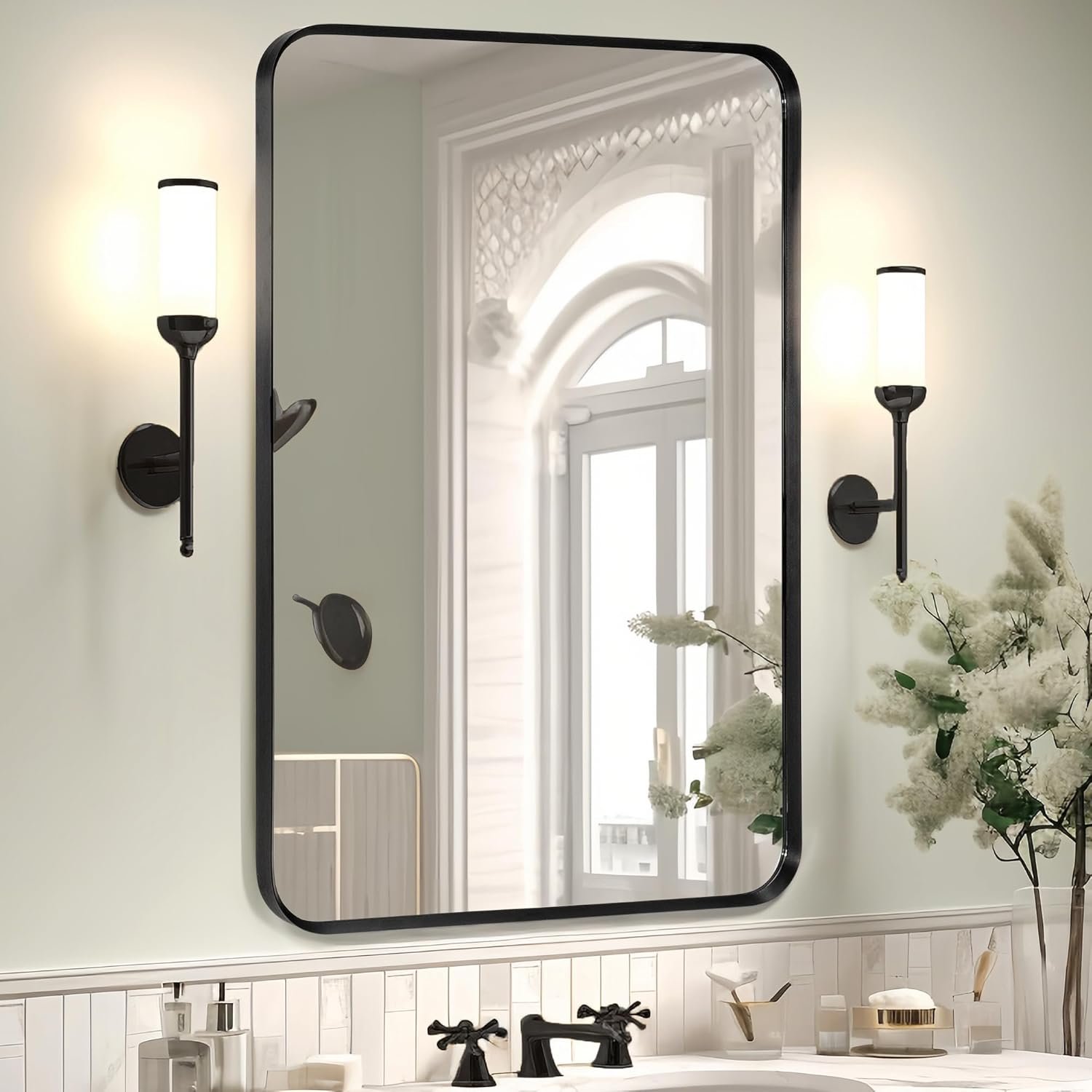 Wall Mount Mirror for Bathroom, Brushed Black Metal Framed Rounded Corner Rectangular Vanity Mirror (24″ x 36″, Black)