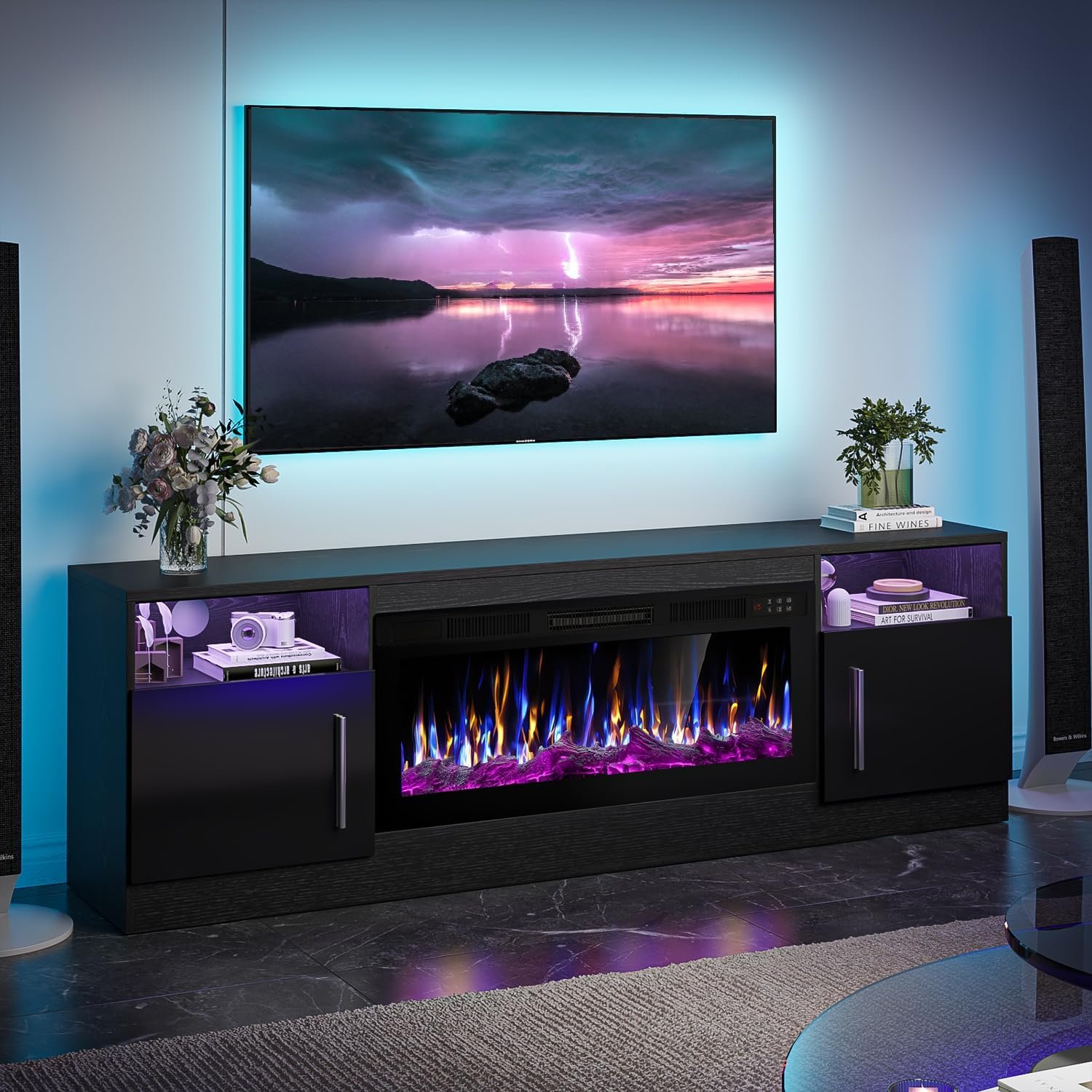 VITESSE Fireplace with TV Stand 36″ inch Electric Fireplace Up to 80″ TVs, LED Light Entertainment Center, 70″ Modern Wood High Gloss with Highlight Storage Cabinet for Living Room (Black)