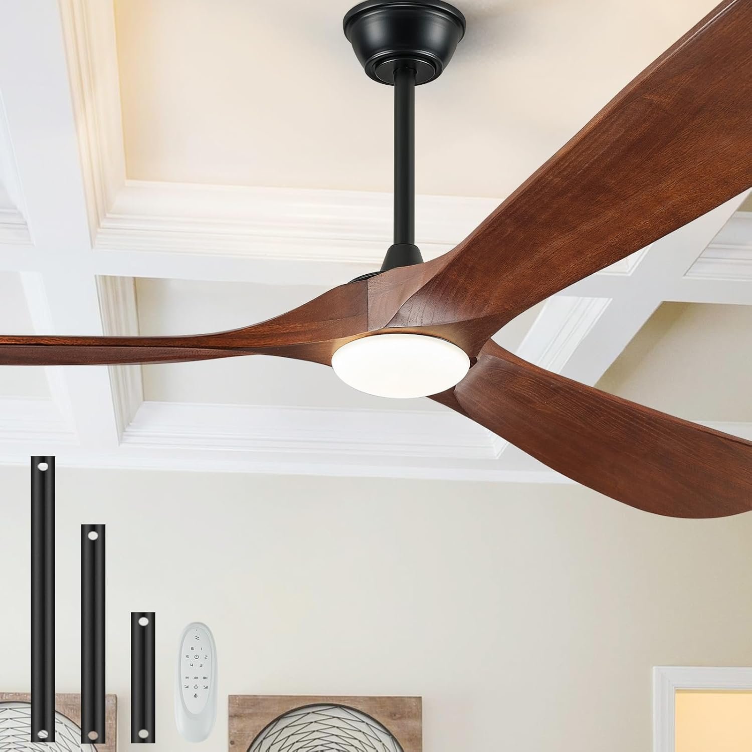 52″ Ceiling Fans with Lights and Remote Control, Outdoor Ceiling Fan with Lights High CFM Quiet 3 Blade Wood Walnut Fan, Propeller Ceiling Fan for Outdoor/Indoor,Deep Walnut