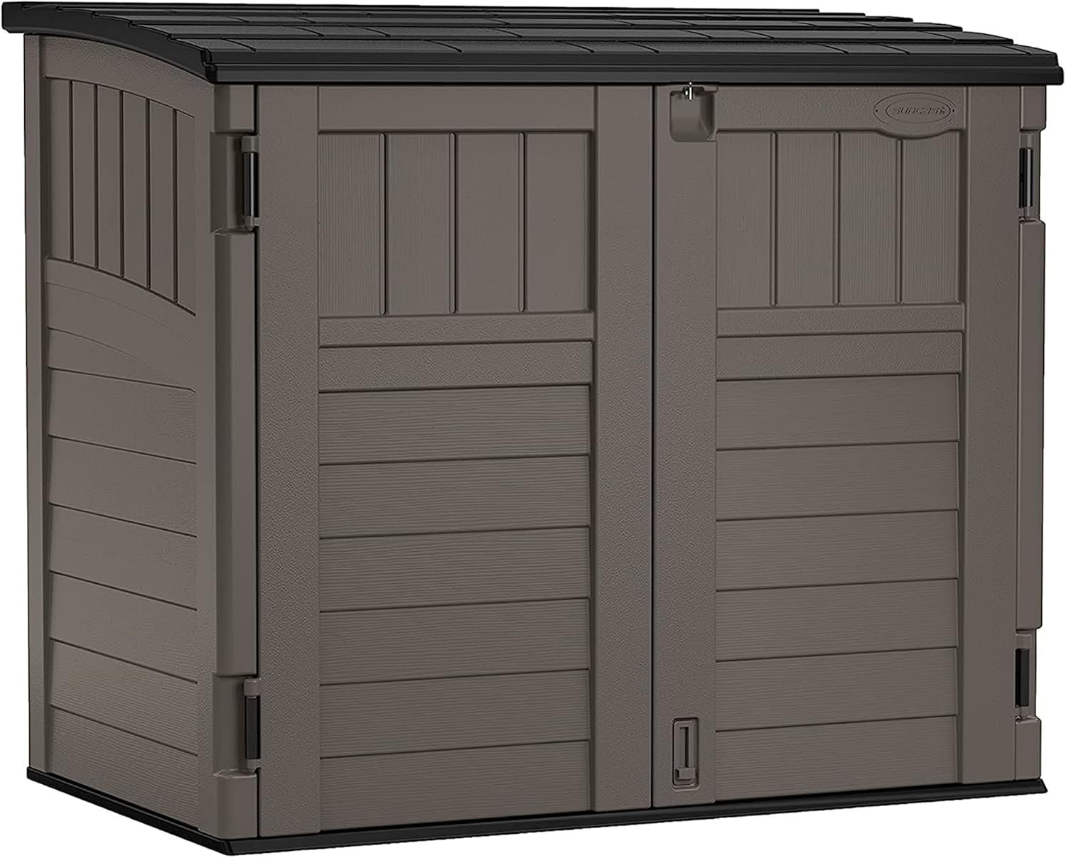 Suncast 34 Cu Ft Horizontal Resin Storage Shed – Outdoor Storage Shed with Floor Included, Lockable, Weatherproof, Fits Small to Medium Trash Cans, Generators, & Garden Tools, Stoney Black