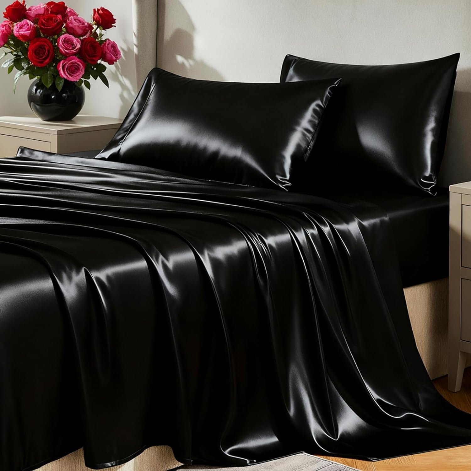 CozyLux Satin Sheets Queen Size Bed Set – Silky Soft Bedding Similar to Silk, 4 Piece Sheet Set for Hair and Skin, Deep Pocket with All-Around Elastic, Home Decor for Bedroom, Black