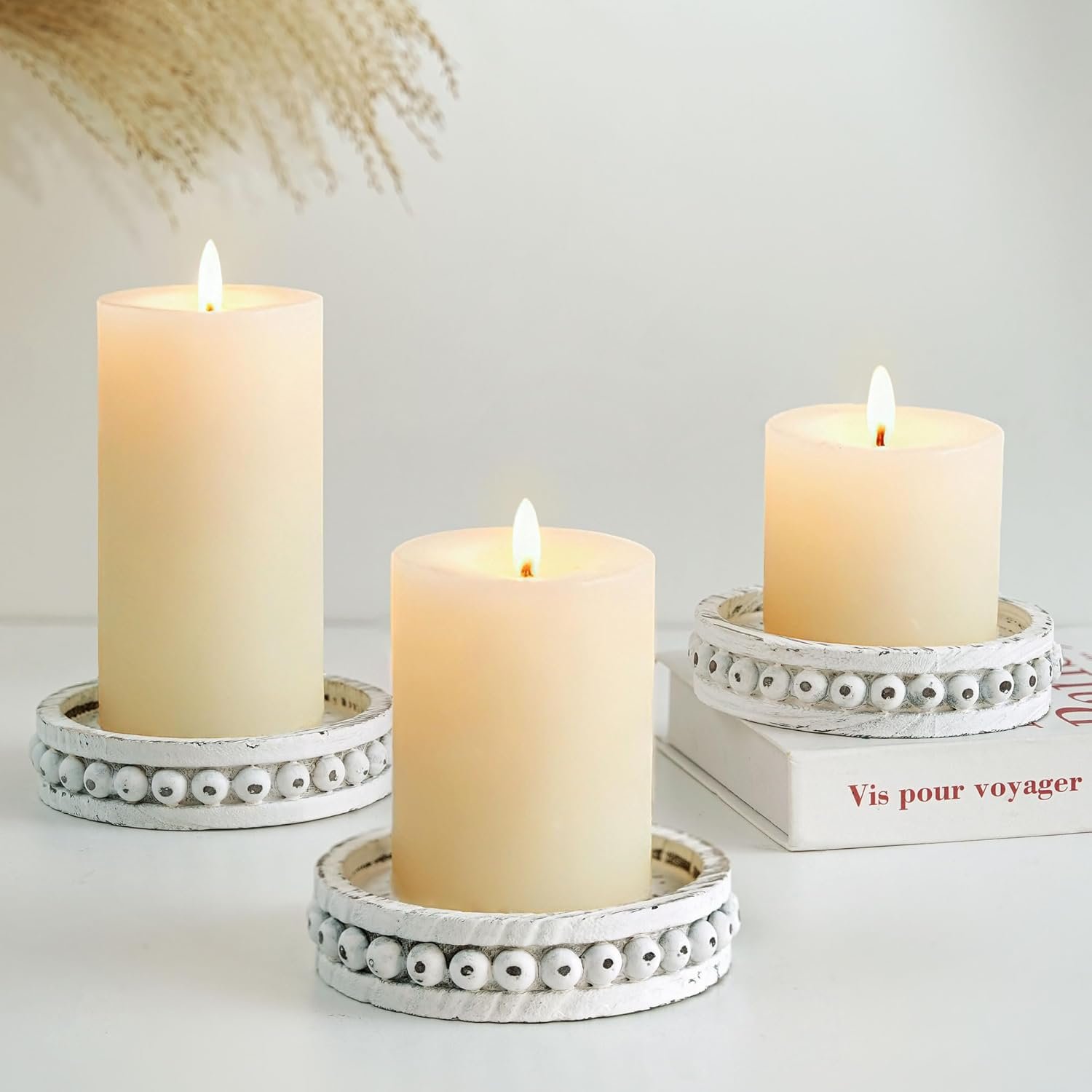 Hanobe Candle Holder for Pillar Candles: Set of 3 Rustic Farmhouse Wooden Candlestick Holders – Whitewashed Candle Stand for Table Centerpieces Fireplace Mantel Home Decor