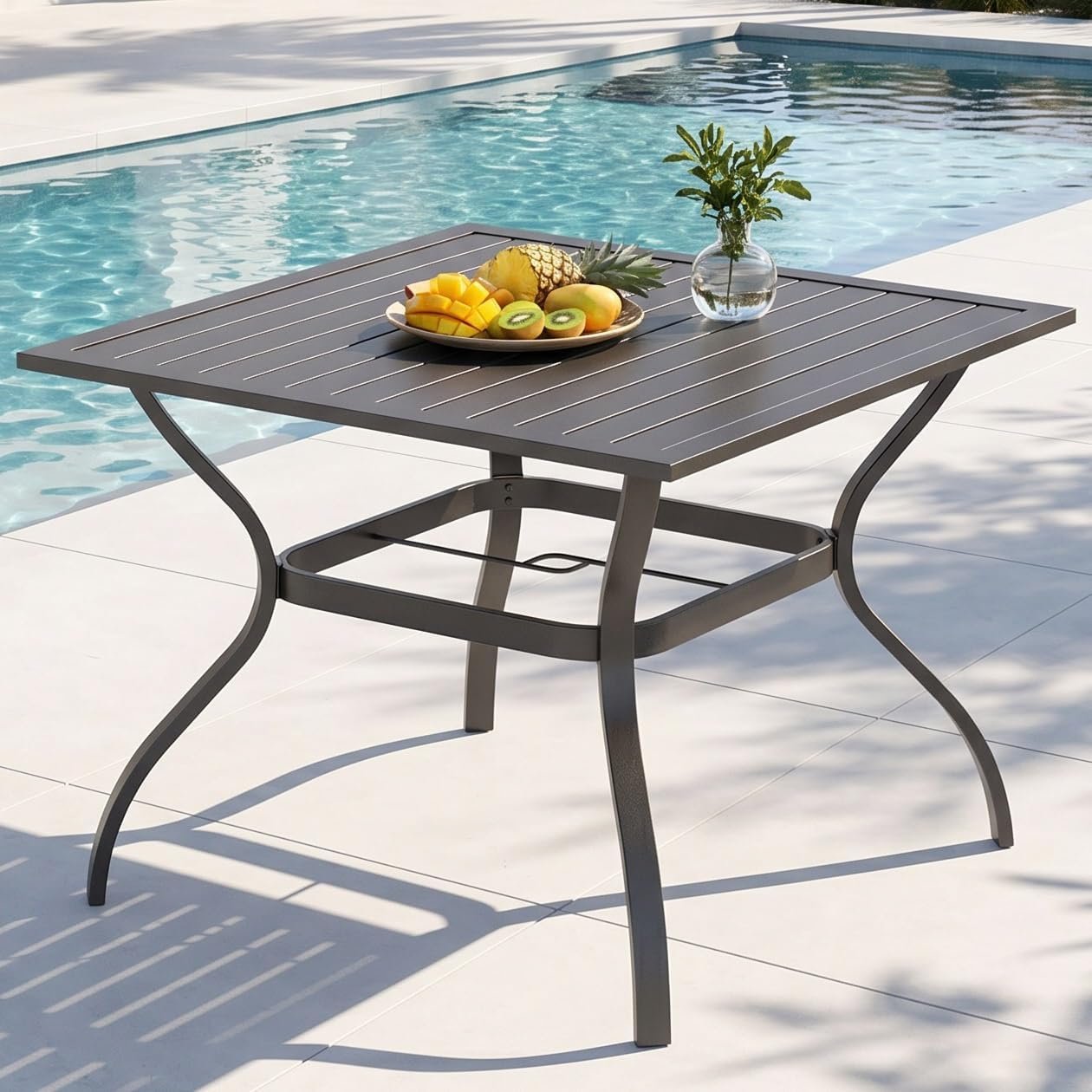 PHI VILLA 37 Inch Outdoor Dining Table Metal Steel Slat Square Patio Dining Table with 1.57″ Umbrella Hole for Garden, Backyard and Porch (Classic Black)
