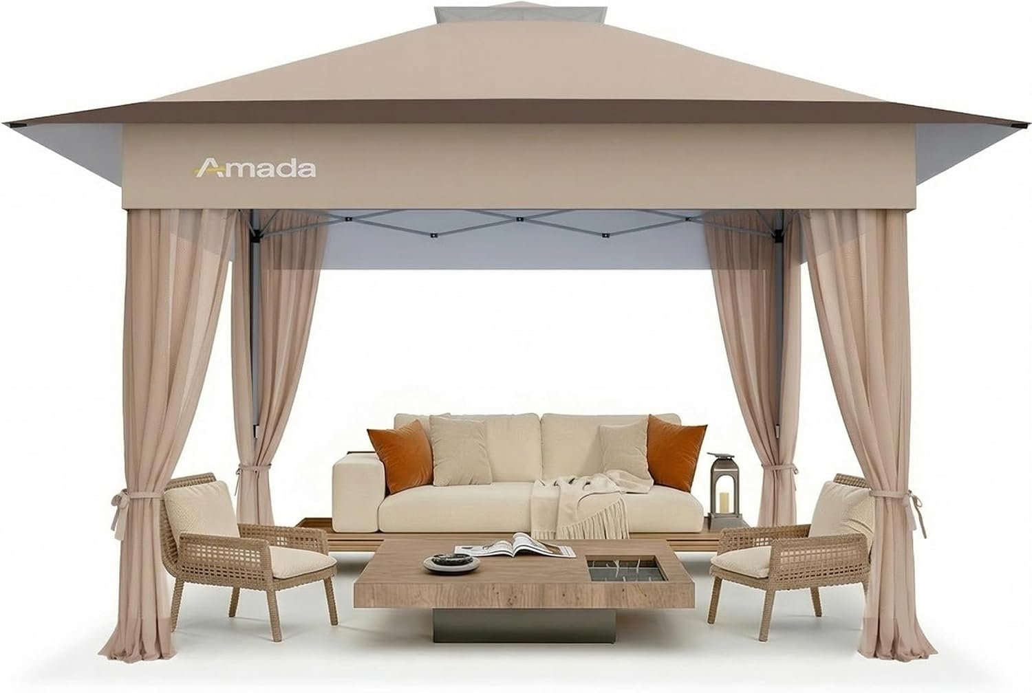 Amada 13×13 Pop Up Outdoor Gazebos on Clearance for Backyard & Patio Furniture with Wheeled STO-N-Go Cover Bag, Carpa Pop Up Tent with Shelter Mosquito for Patio, Lawn, Garden(13×13ft, Khaki)
