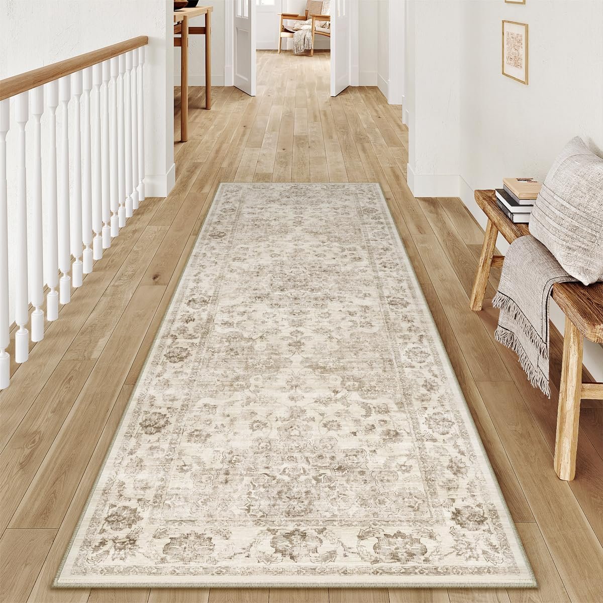 2×6 Washable Neutral Runner Rug Beige Vintage Hallway Kitchen Carpet Non-Slip Soft Low Pile Farmhouse Throw Rug for Bedroom Bathroom Laundry Living Room