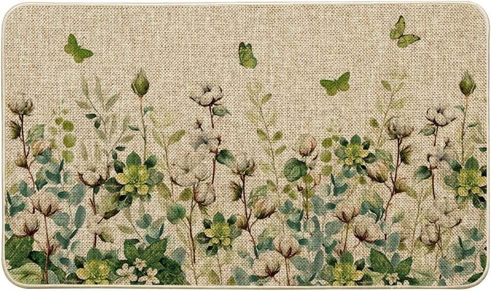 Artoid Mode Cotton Plant Leaf Butterfly Spring Doormat,Home Decor Door Mat Low-Profile Switch Rug Floor Mat for Indoor Outdoor 17×29 Inch