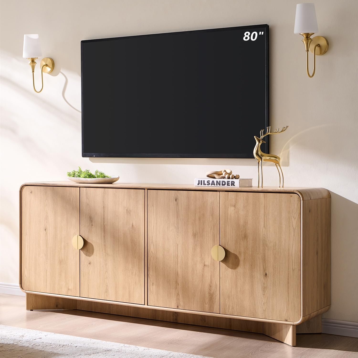 IFGET 70″ Modern TV Stand for TVs Up to 80 inches, 30″ Tall Entertainment Center with Storage and Adjustable Shelves, TV Console with Curved Profile Design, Media Console for Living Room, Natural Oak