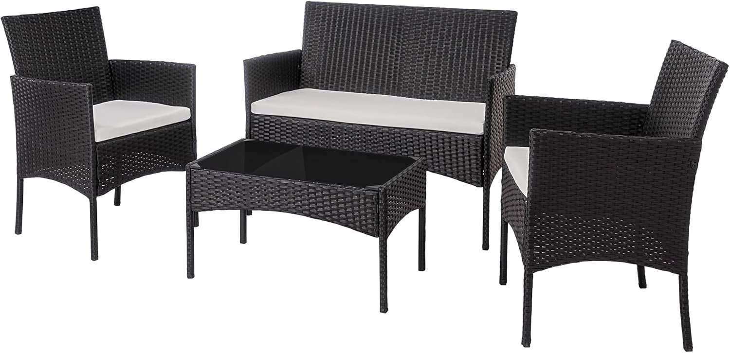 Shintench 4 Piece Outdoor Patio Furniture Sets, Small Wicker Patio Conversation Furniture Rattan Chair Set with Tempered Glass Coffee Table For Backyard Porch Garden Poolside Balcony, Black