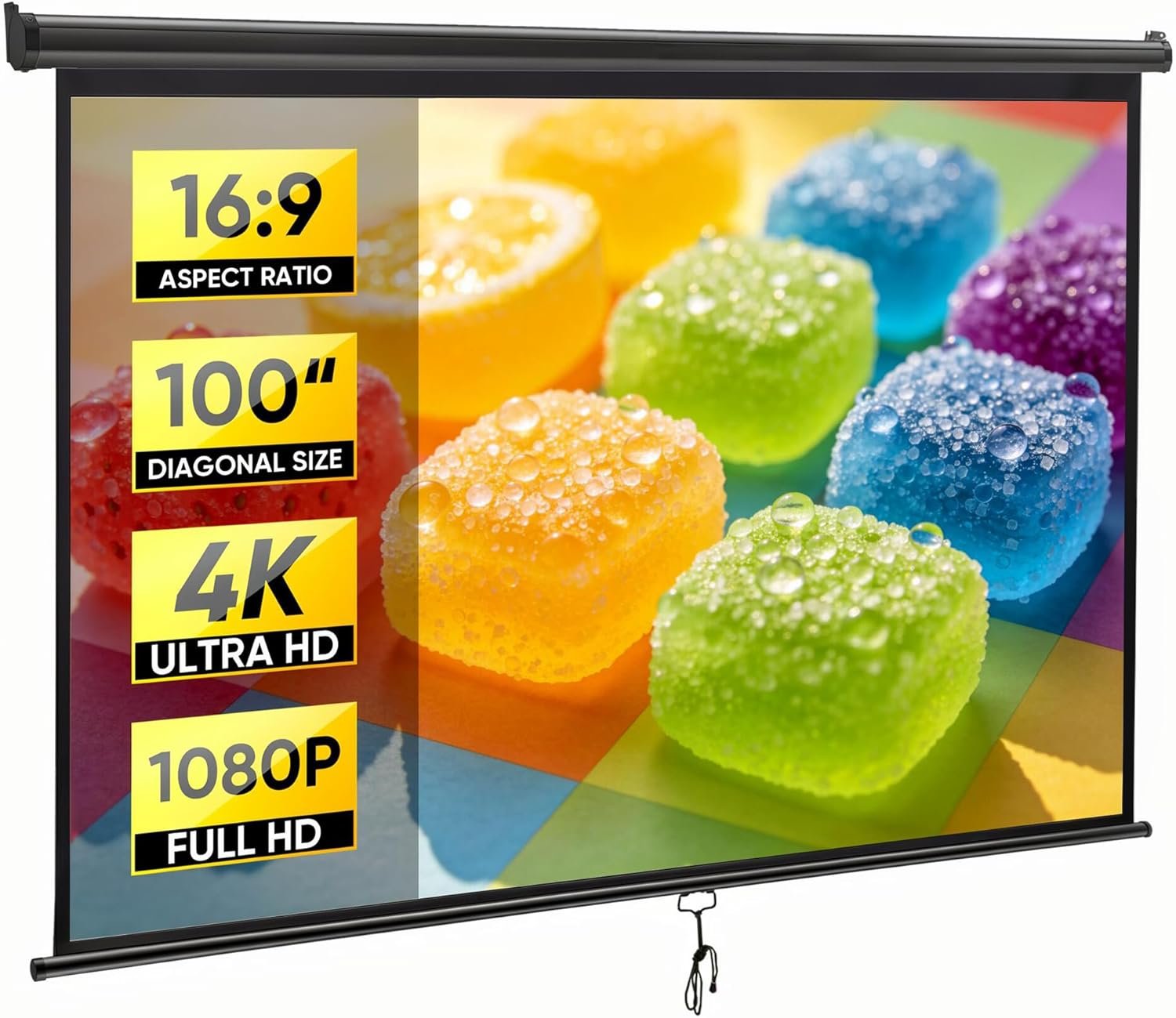 ZENY Projector Screen Pull Down 100 Inch 16:9 HD, Manual Projection Screen Home Theater, Portable Indoor Outdoor Retractable Movie Screen Ceiling Wall Mount (Black, 100” (16:9))