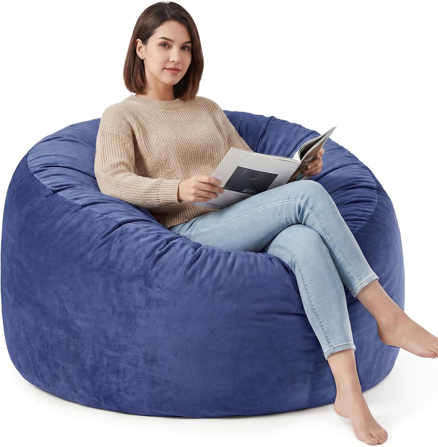 4FT Bean Bag Chair for Adults, Large Bean Bag with Filling, Memory Foam Bean Bags with Ultra Soft Washable Dutch Velvet Cover, Beanbag for Living Room, Bedroom and Gaming Room – Blue